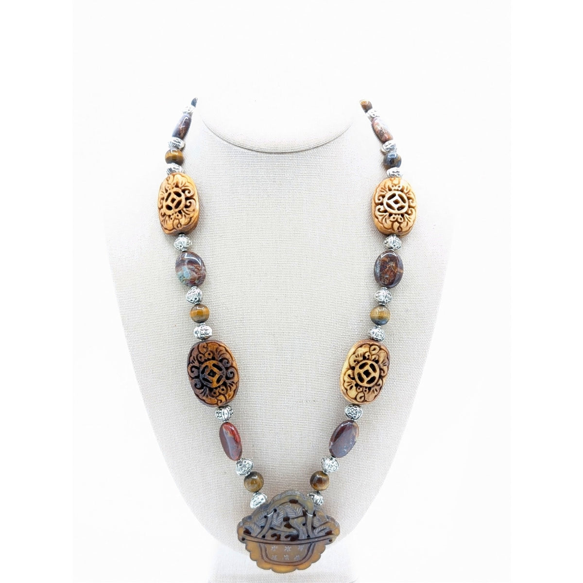 Silver Tone Jasper & Tiger's Eye Carved Resin & Carved Stone Pendant Necklace
