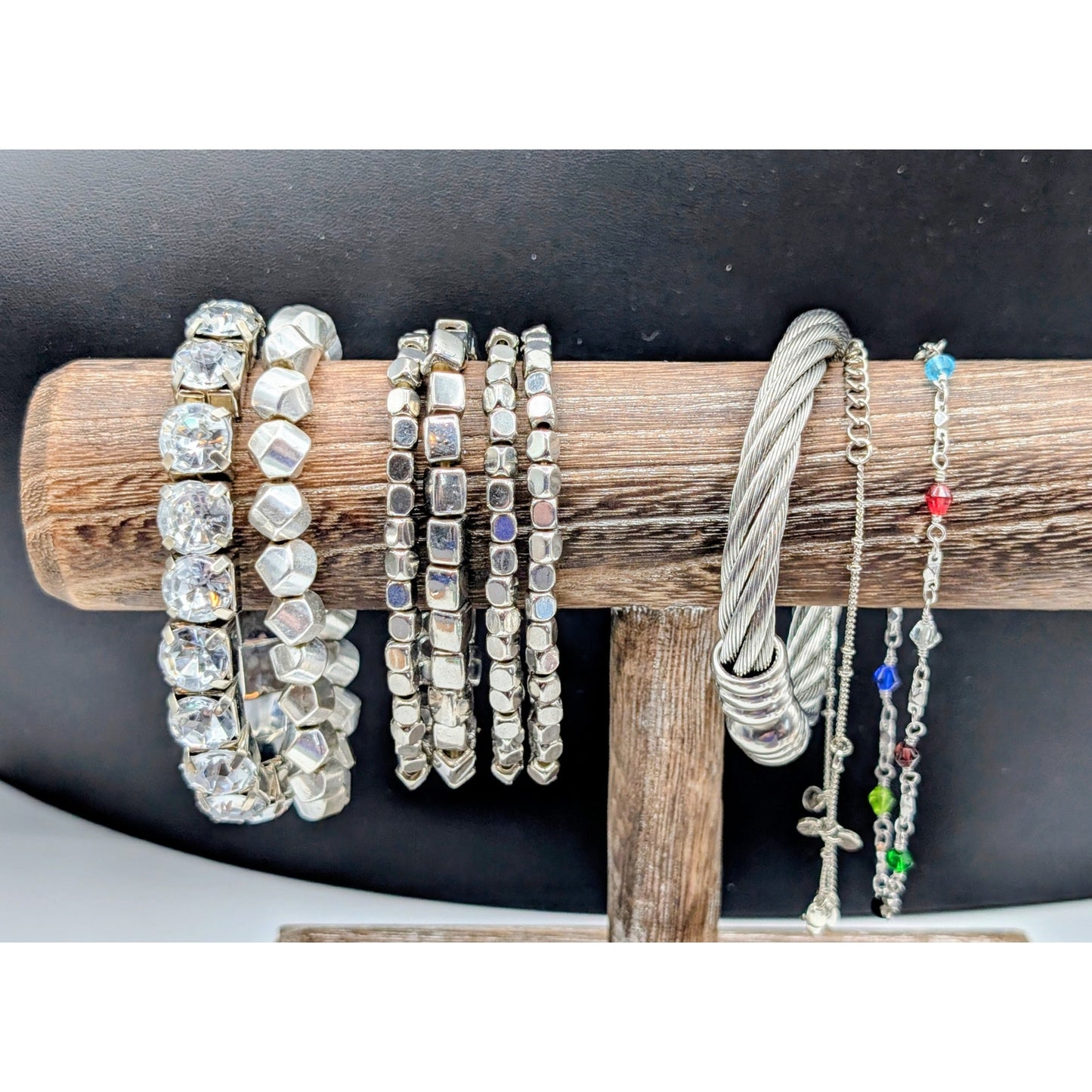 Lot of Nine Silver Tone Stretch Cuff & Beaded Chain Bracelets