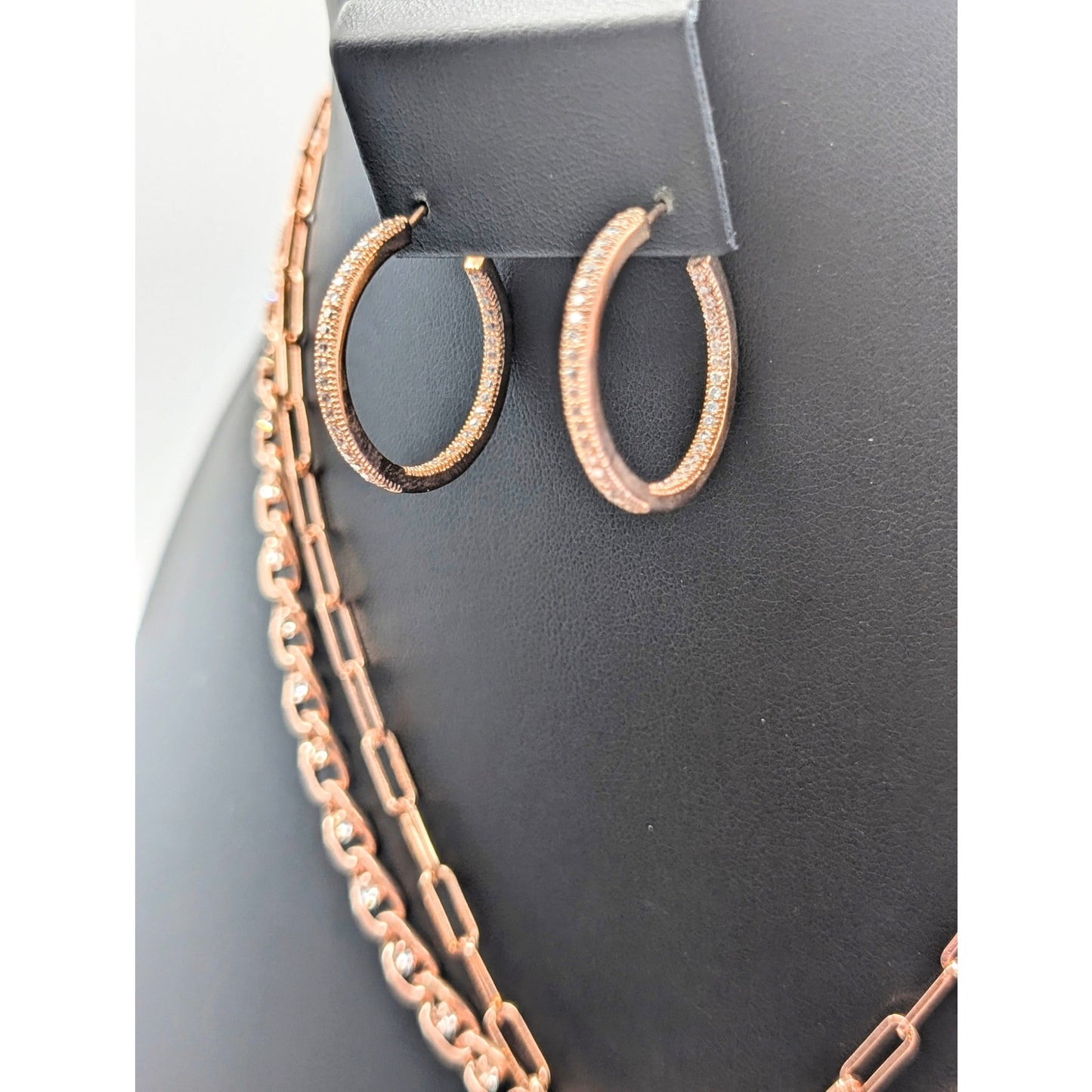 Lot of Two Necklaces Two Bracelets & Three Pair Earrings Rose Tone Metal