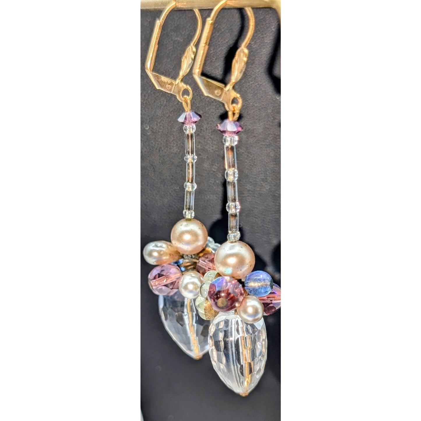 Crystal Faceted Heart Pearl Crystal Flower Beaded Gold Tone Lever Back Earrings