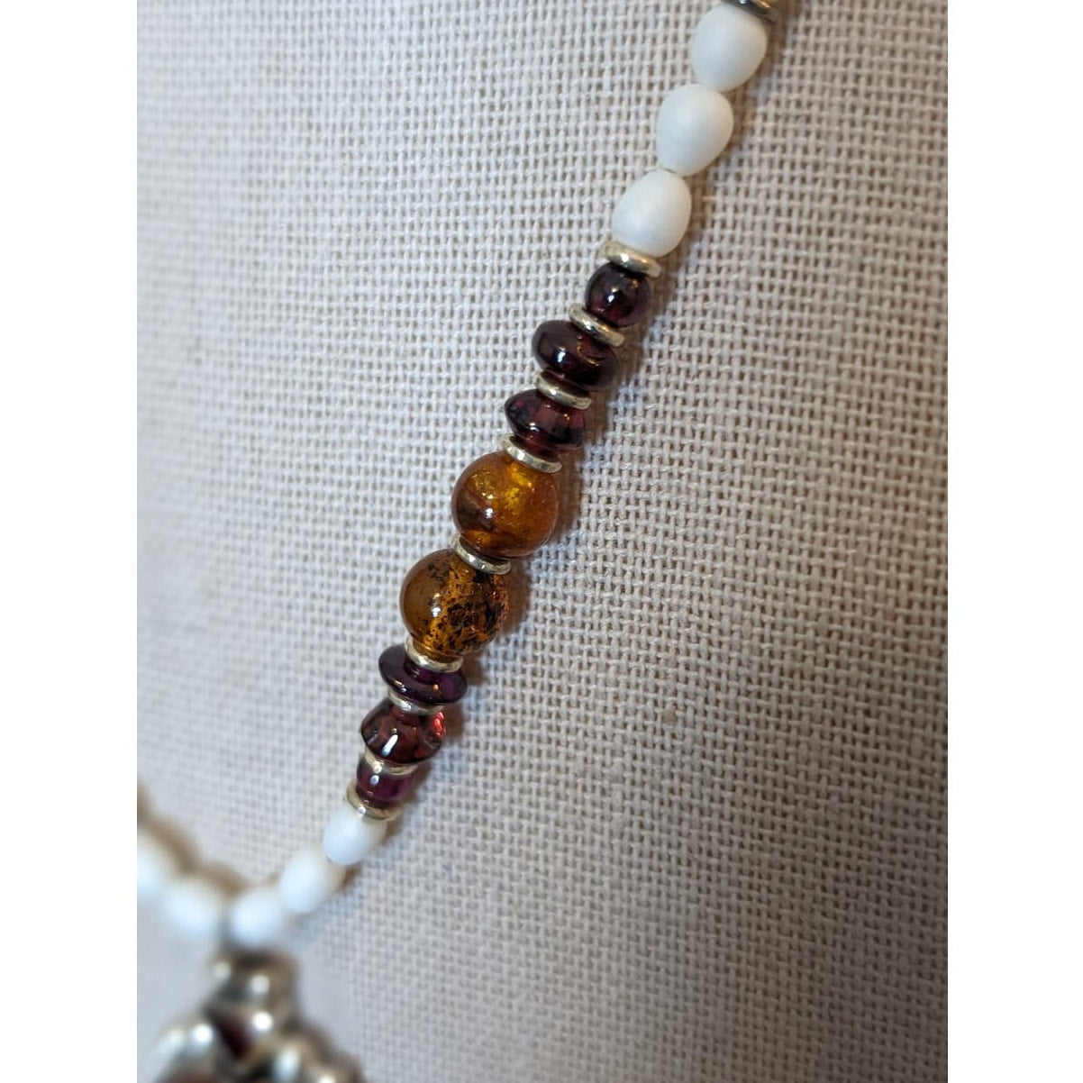 DEL Sterling Amber Heart Amber Garnet Freshwater Pearl Pendant Necklace