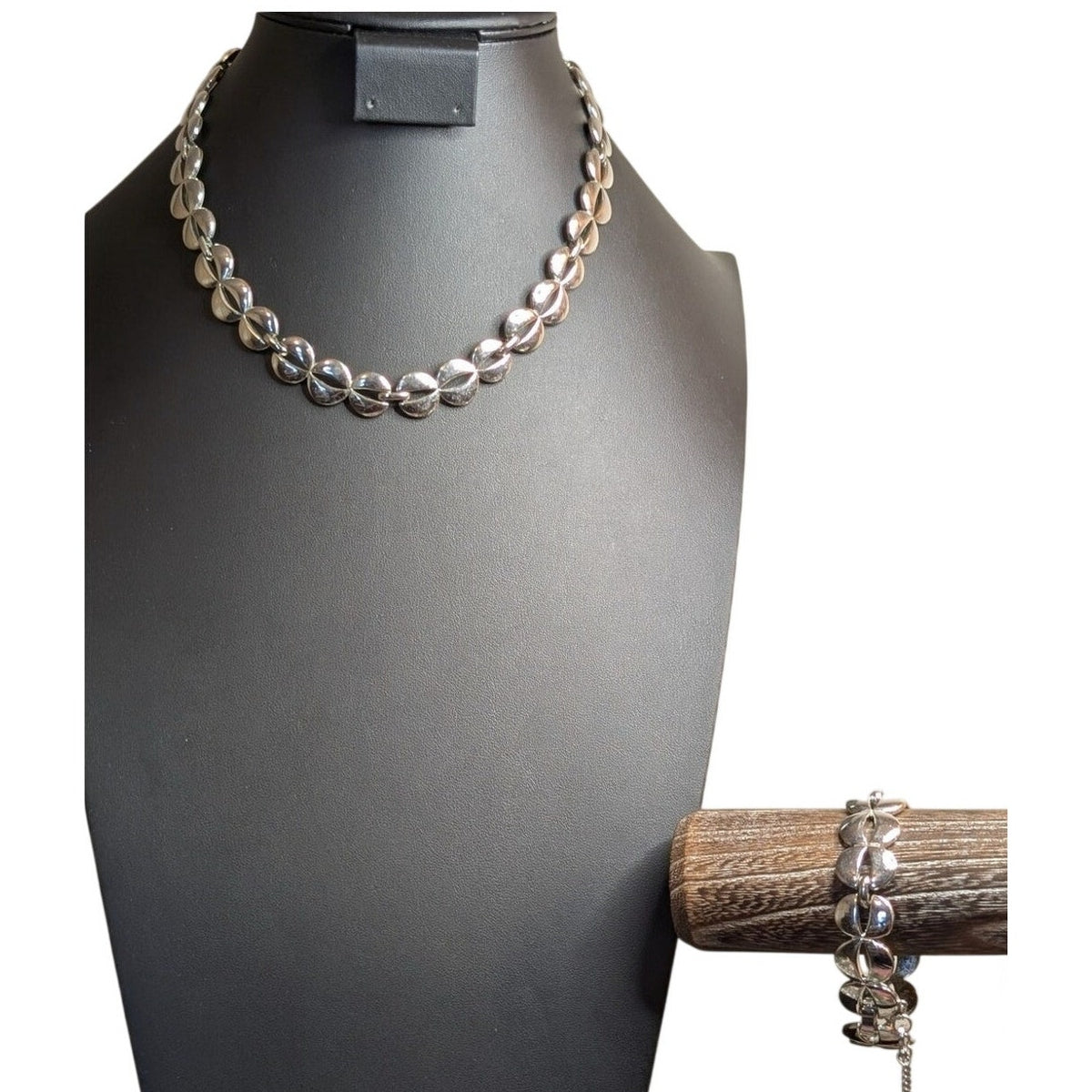 Vintage Monet Modernist Silver Tone Necklace & Bracelet Set