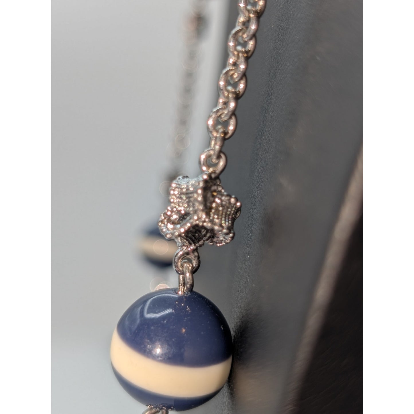 Talbot's Silver Tone Blue Strip & Ruffled Bow Bead Station 32" Necklace