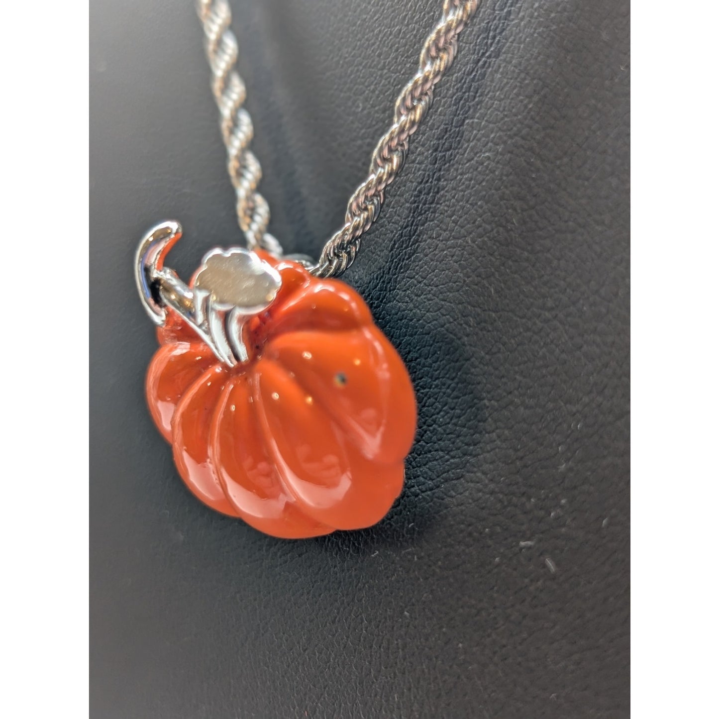Vtg Silver Tone Orange 'Best' Pumpkin Necklace & AJMC Pumpkin Wreath Brooch