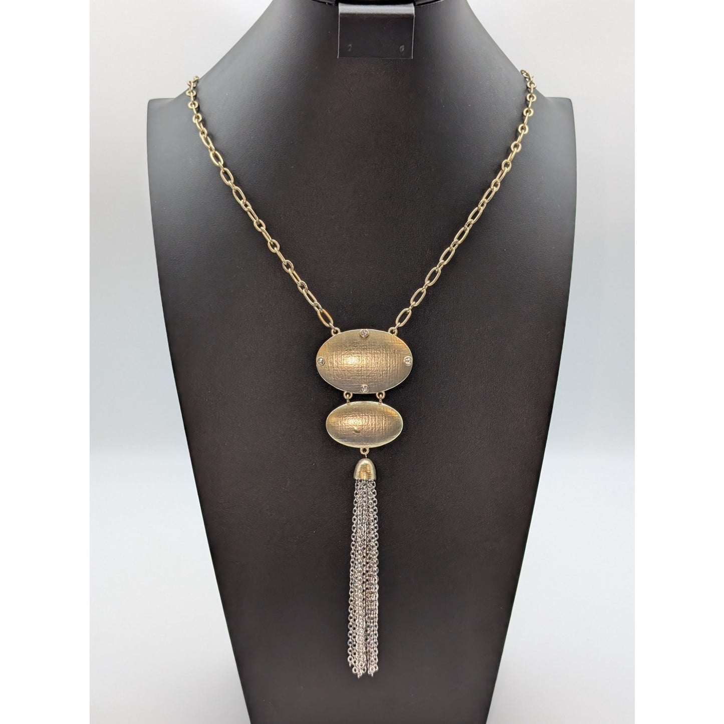 Chico's Light Gold Tone Rhinestone Tassel Chain Necklace