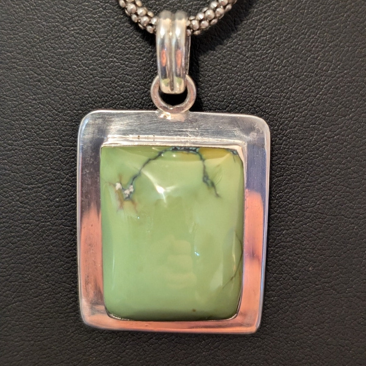 925 Sterling Silver Large Mint Green Stone Pendant on 16" Popcorn Chain Necklace