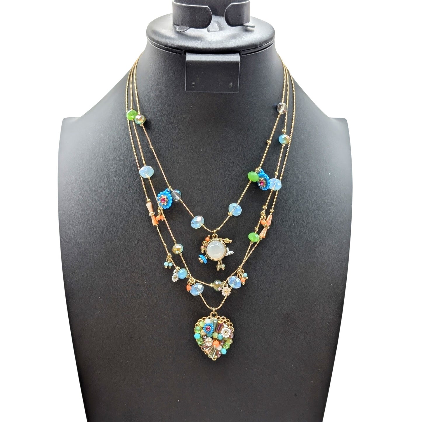 Betsey Johnson Three Strand Gold Tone Crystal Bead Studded Heart Necklace