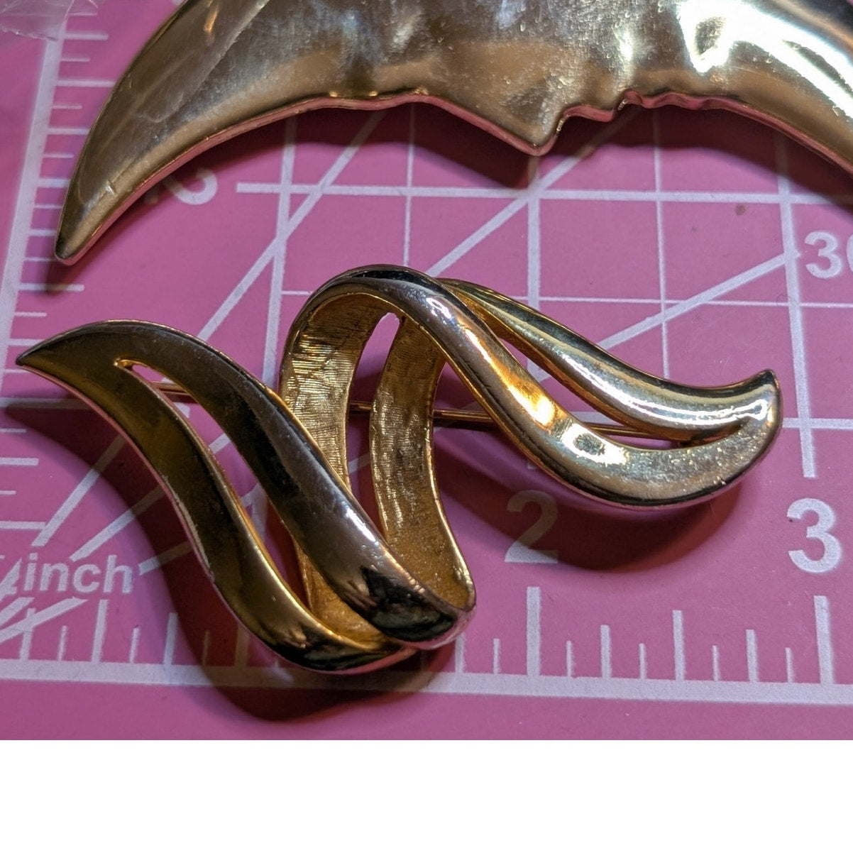 Vintage 80's Large Crescent Moon W/ Face & Squiggly M. Jent Gold Tone Brooches