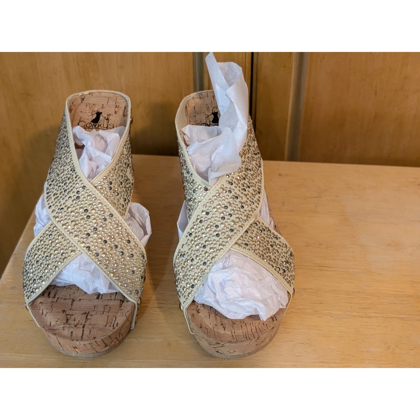 Corkys Summit Metallic Studs Criss Cross Wedge Open Toe Sandals Size 8