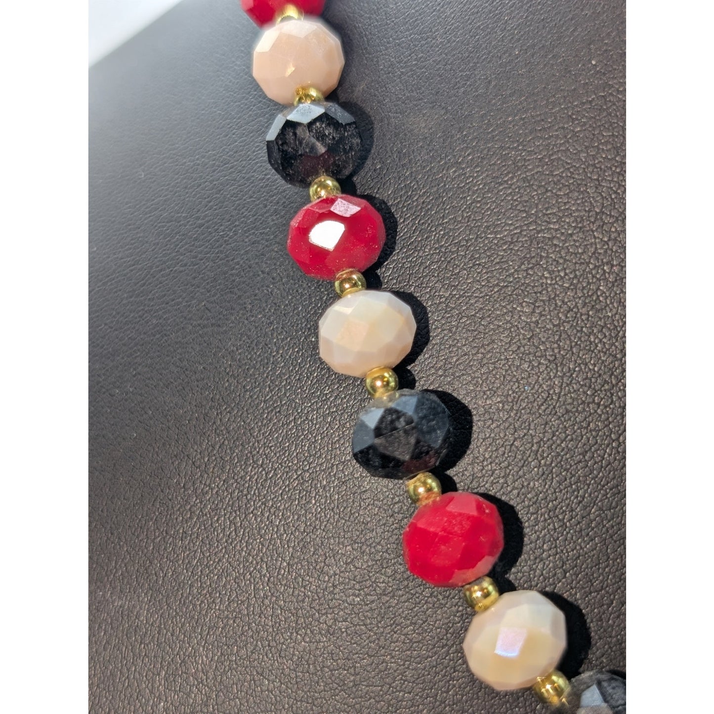 Vintage Red White Black Glass Czech Faceted Bead Gold Tone Bead 20.5" Necklace
