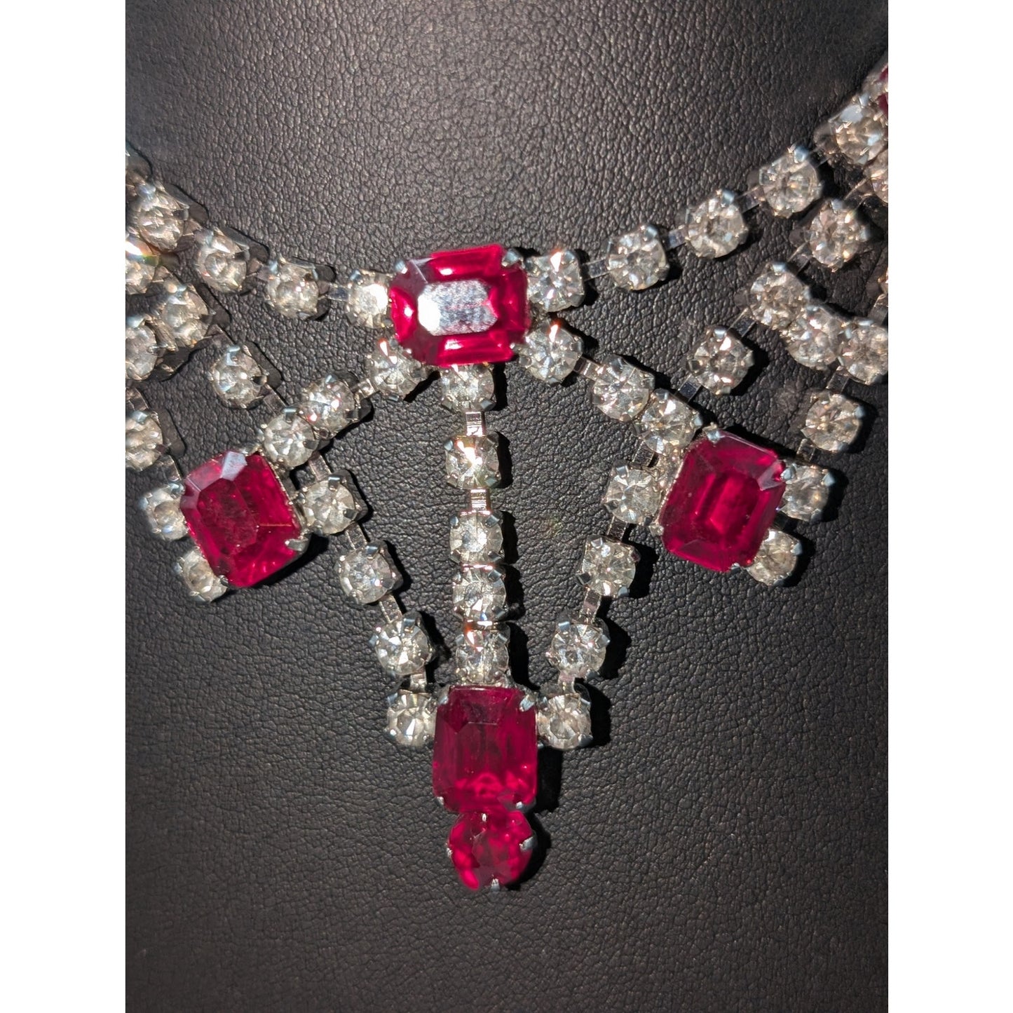 Vintage Red Ruby & Clear Rhinestone Collar Hook 15" Silver Tone Collar Necklace