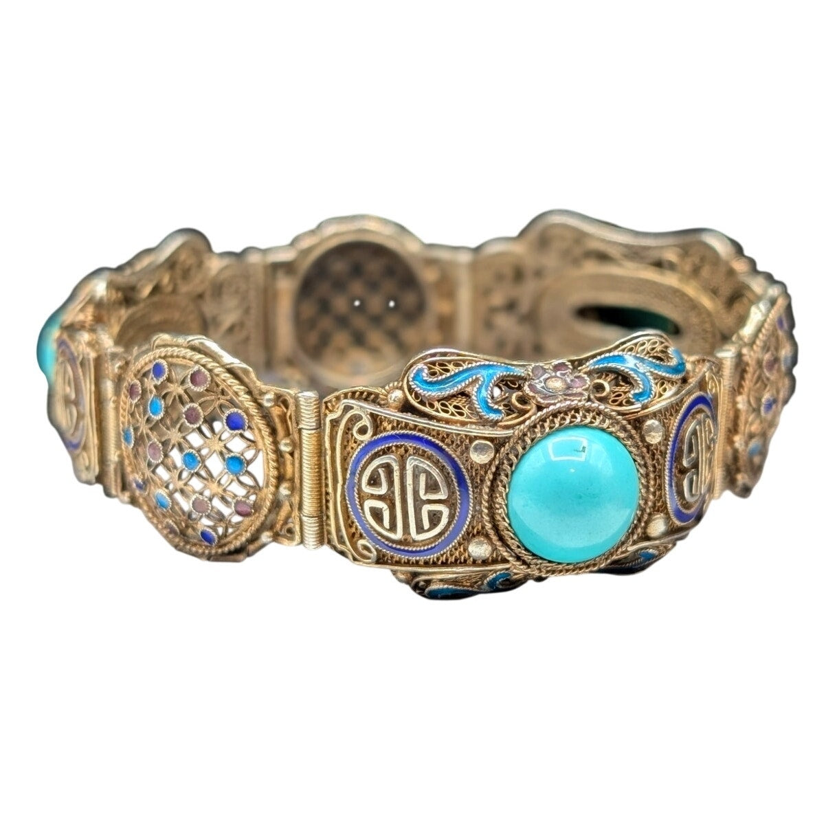 Antique 1900 Chinese Export .900 Silver Gilt Filigree Turquoise Enamel Bracelet
