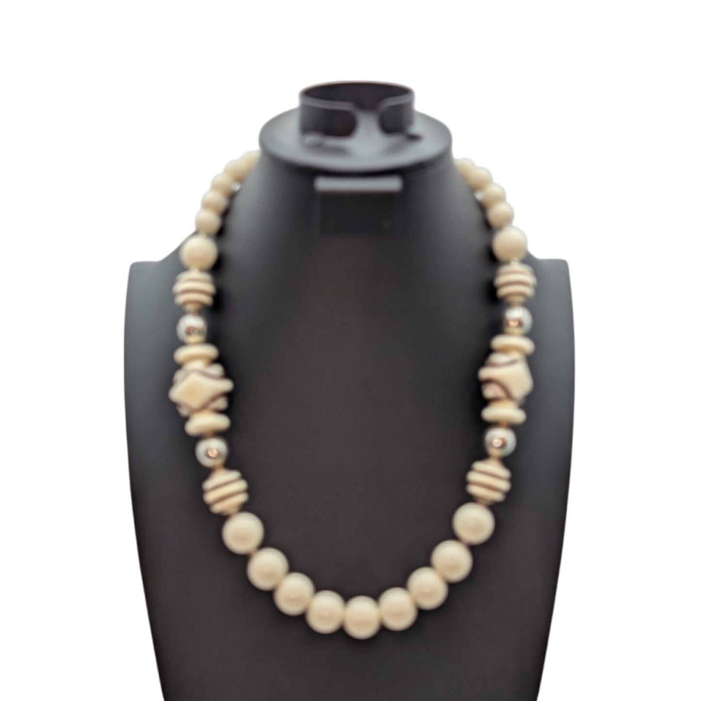 Vintage Cream Brown Stripe Silver Tone Beaded 25" Necklace