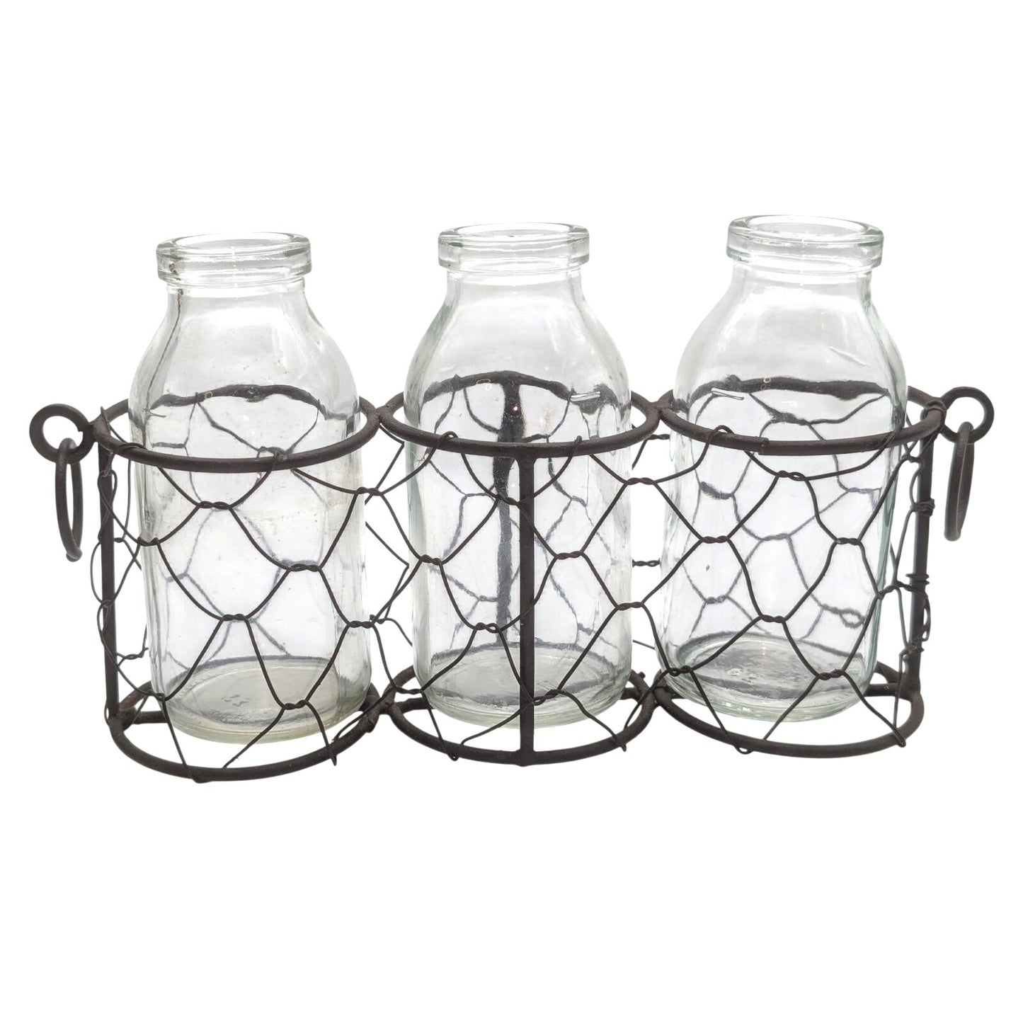 Rustic Metal Chickenwire Caddy W/ Three Clear Bud Vases