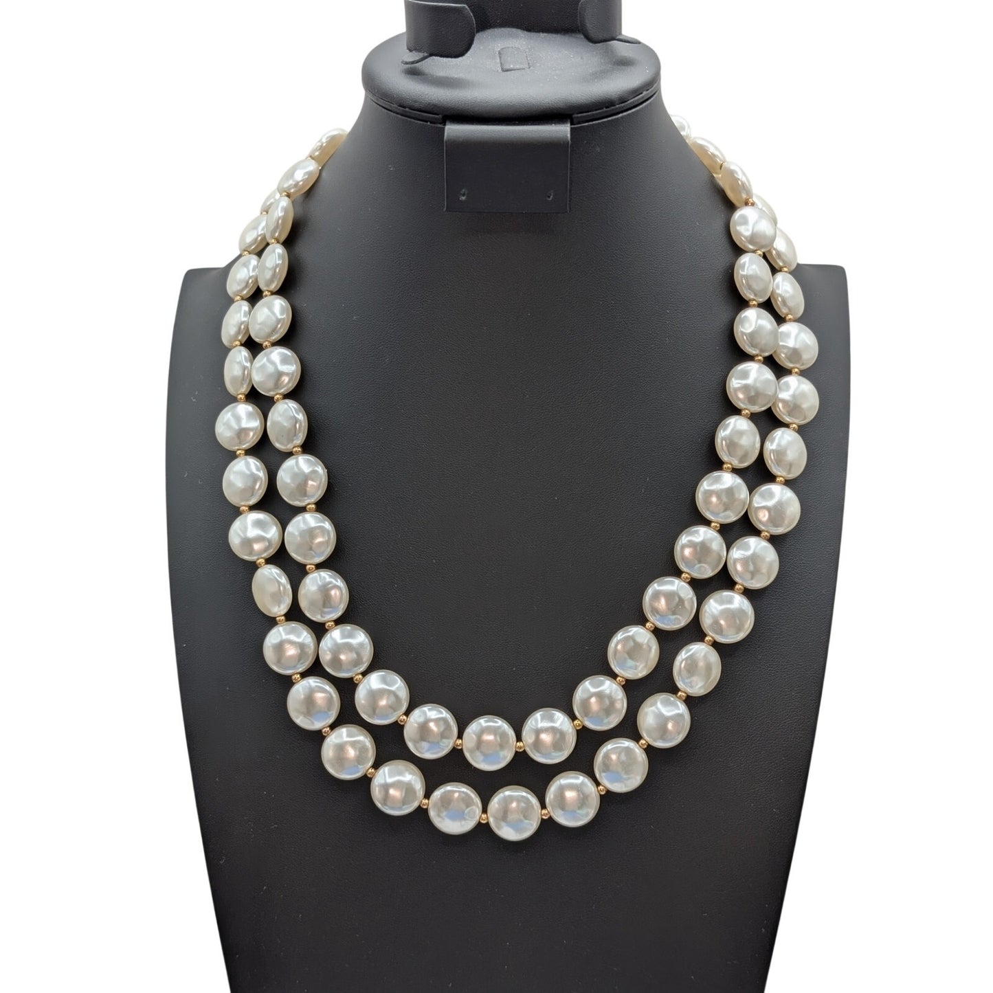 Vintage Double Strand Flat Faux Pearl Gold Tone Bead Fancy Clasp 24" Necklace