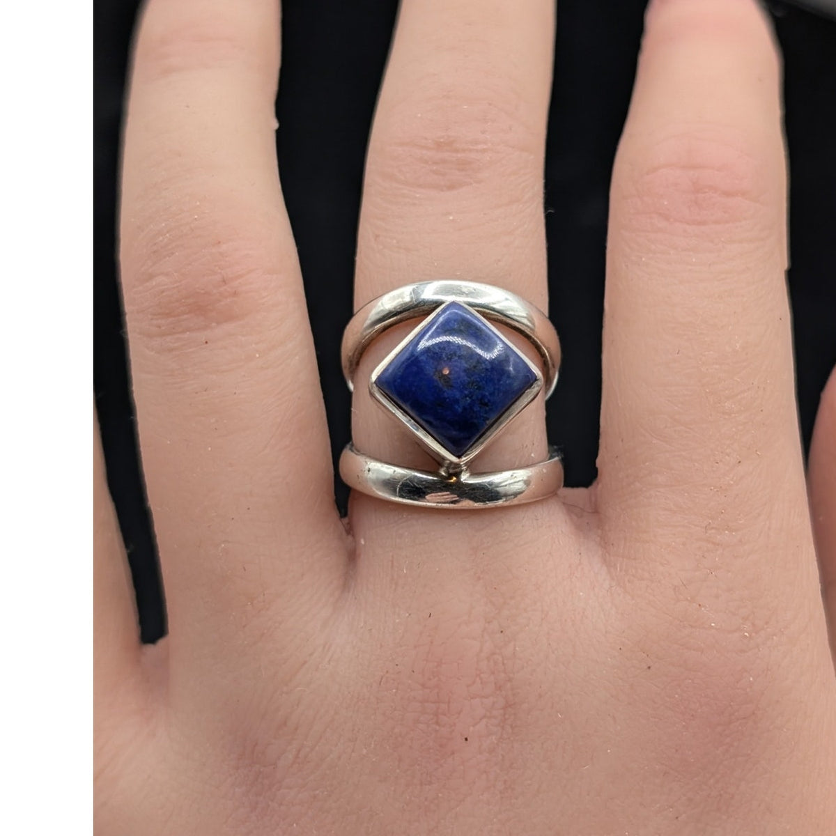 Vtg Arya 925 Sterling Silver Bezel Set Lapis Lazuli Split Shank Ring Size 5.5