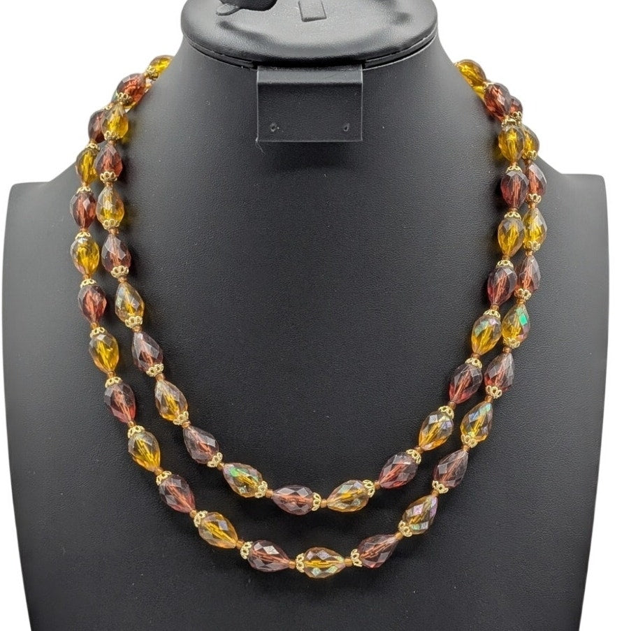 Vintage Double Strand Signed West Germany AB Gold Caramel Acrylic Bead Necklace