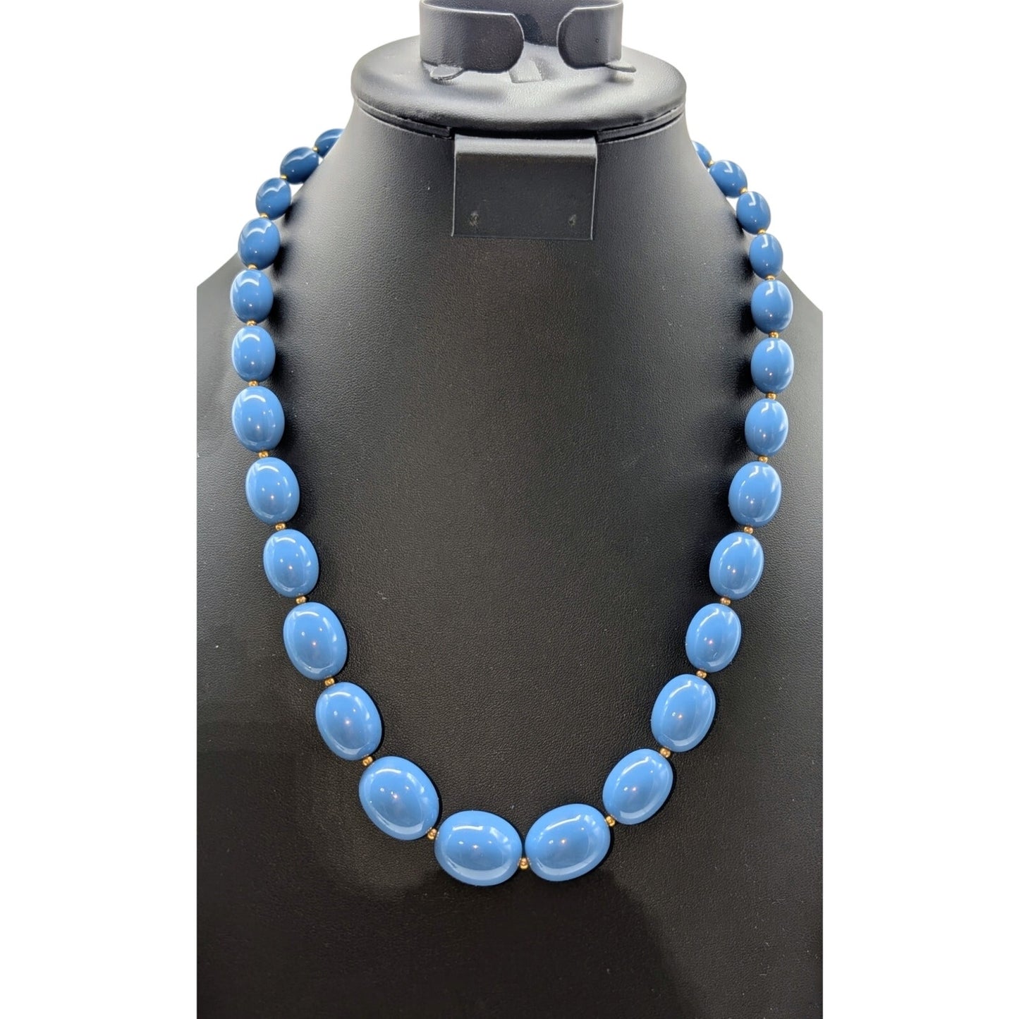 Vintage Graduated Blue Acrylic Gold Bead Screw Clasp 24" Necklace