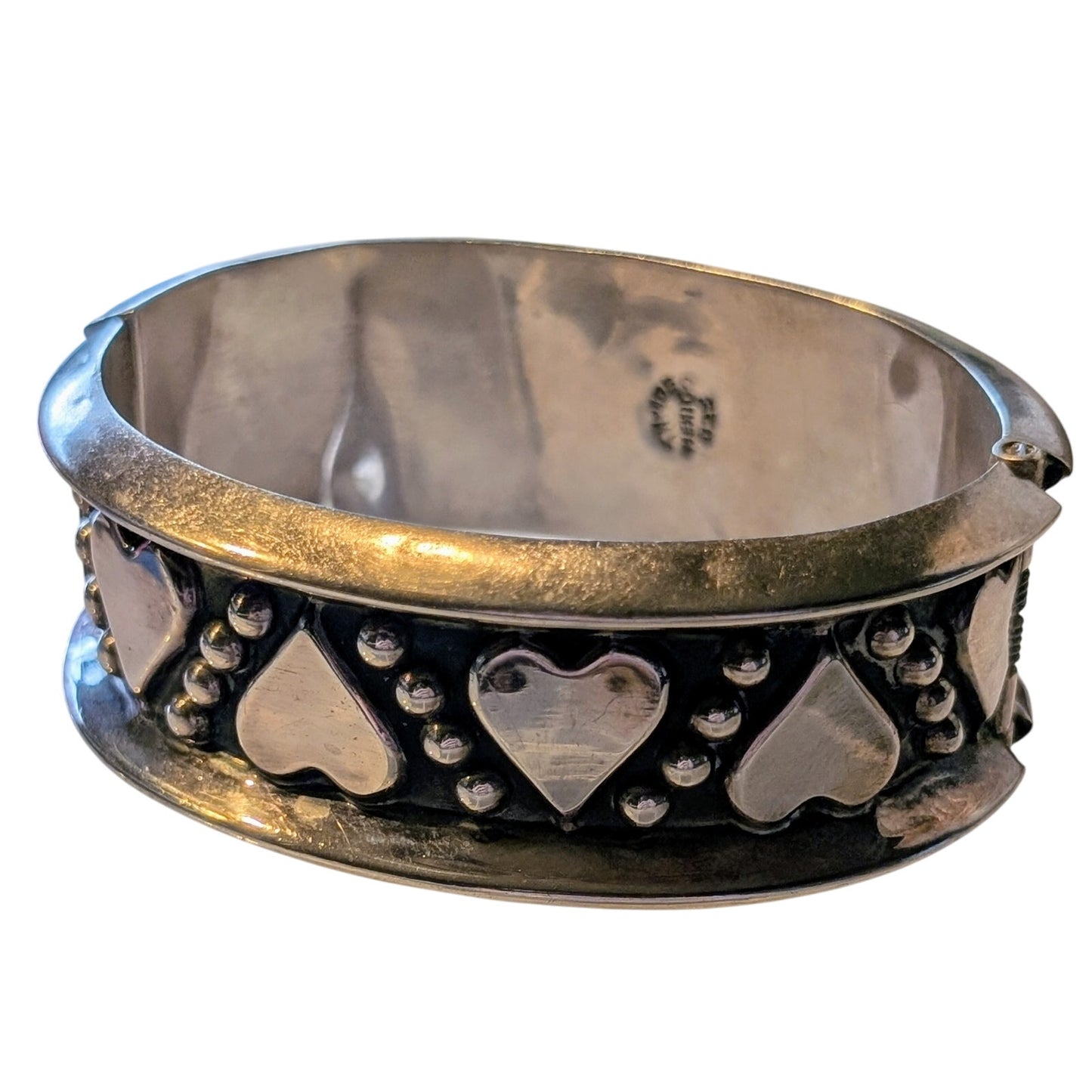 Taxco 925 Sterling Silver Mexico Wide Heart Hinge Bangle Bracelet Size 7.5"57.8g