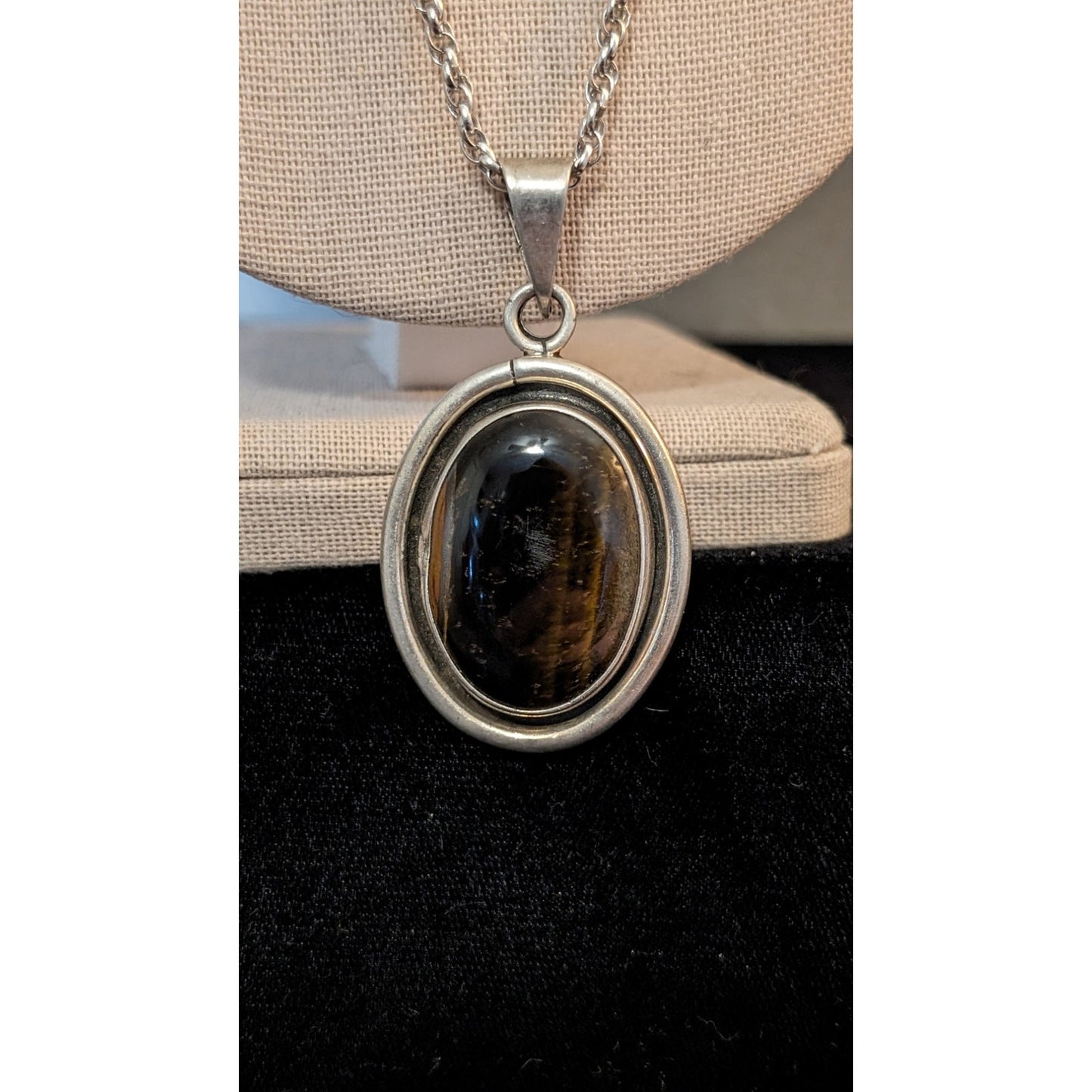 Vintage Barton Allen Ballou Sterling Chain W/ Taxco Silver Bezel Set Tigers Eye