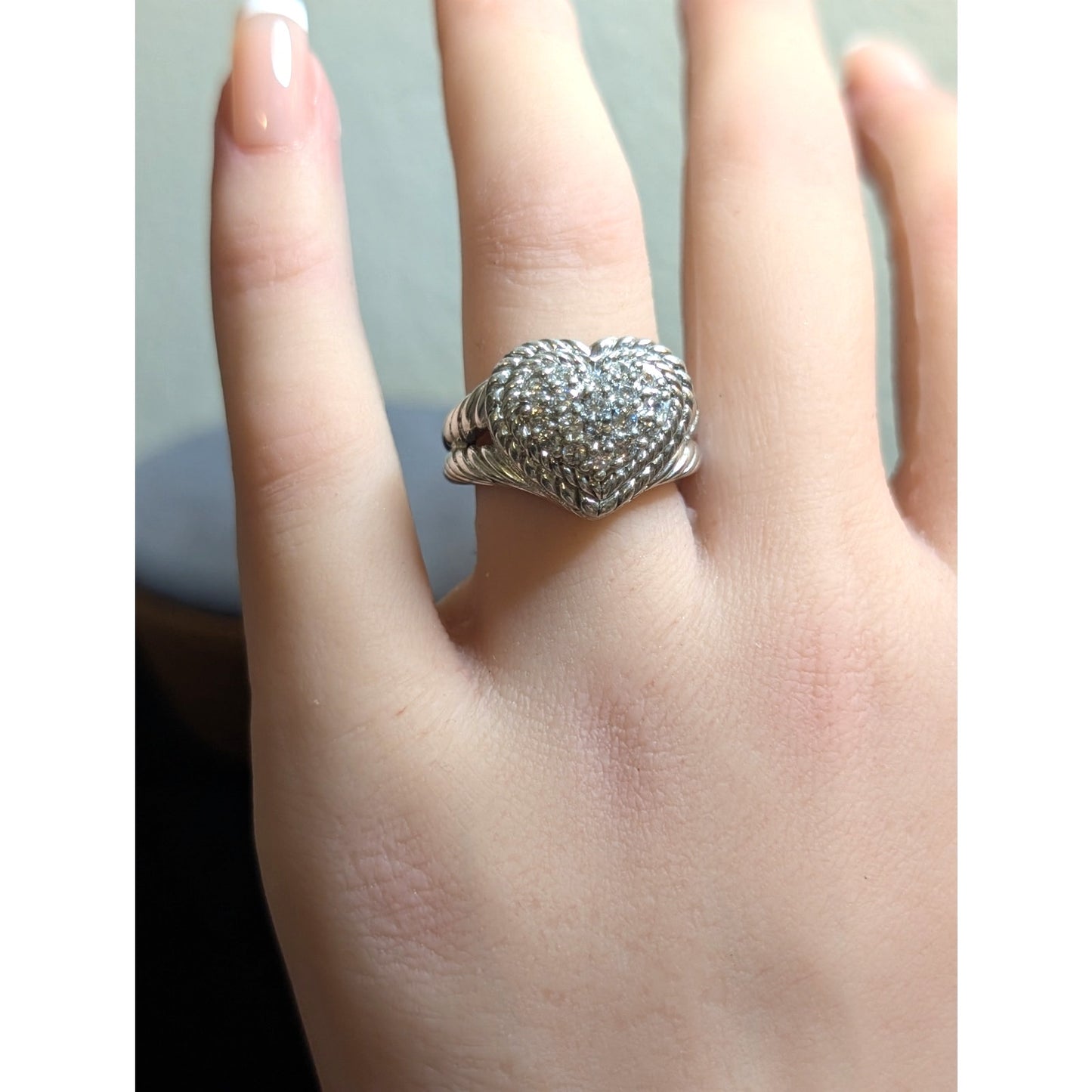 Judith Ripka Classic Diamonique 925 Sterling Silver Cluster Heart Ring Sz 5.75