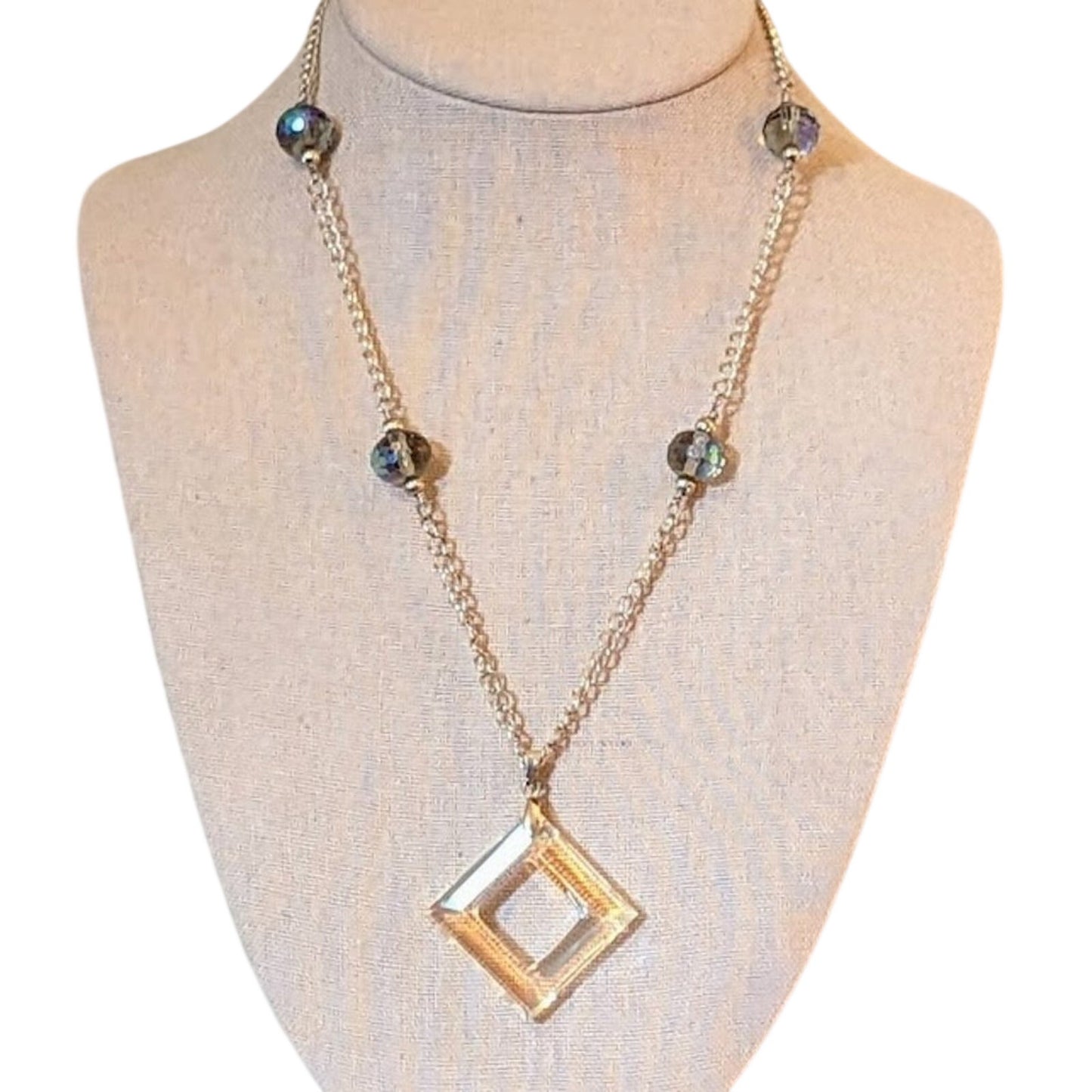 Cut Out Diamond Shape Pendant Blue AB Crystal Beads Silver Tone Chain Necklace