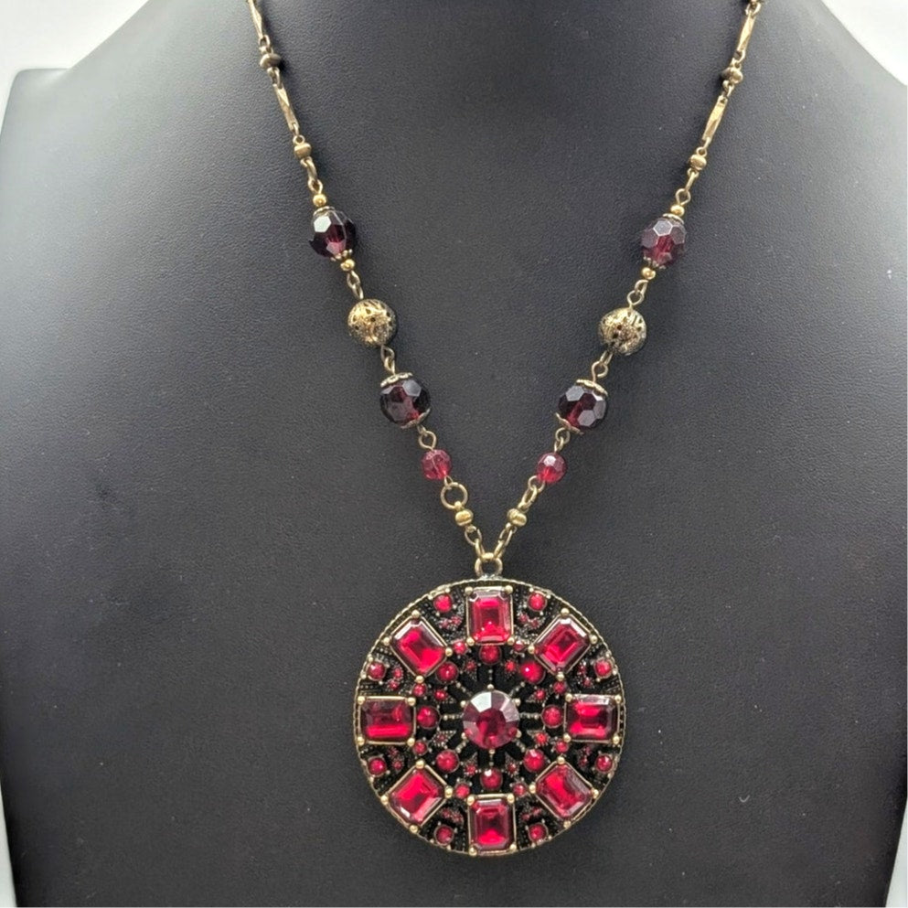 Antiqued Bronze Metal & Red Crystal Medallion Pendant Chain 16.5"-19" Necklace