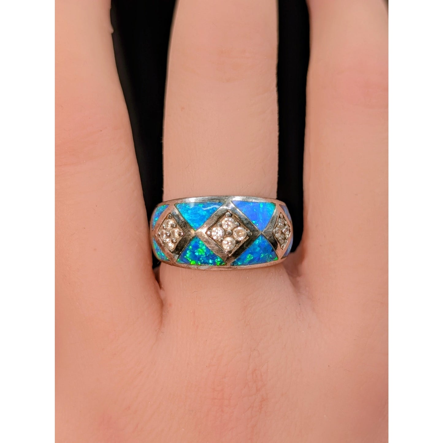 Vintage 925 Sterling Silver Opal CZ Band Ring Size 6