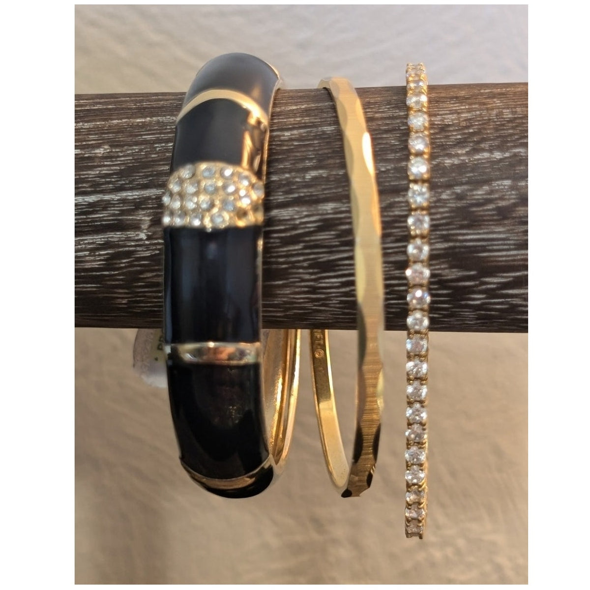 Black Enamel Clamper Monet Gold Tone Bangle & CZ Tennis Bracelet Lot