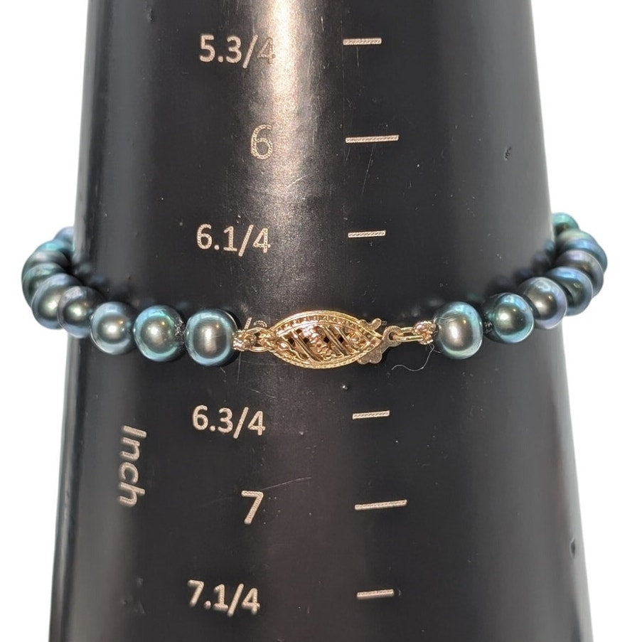 5mm Blue Green Hand Knotted Pearl Bracelet 14K Gold Filigree Slide In Hook Clasp