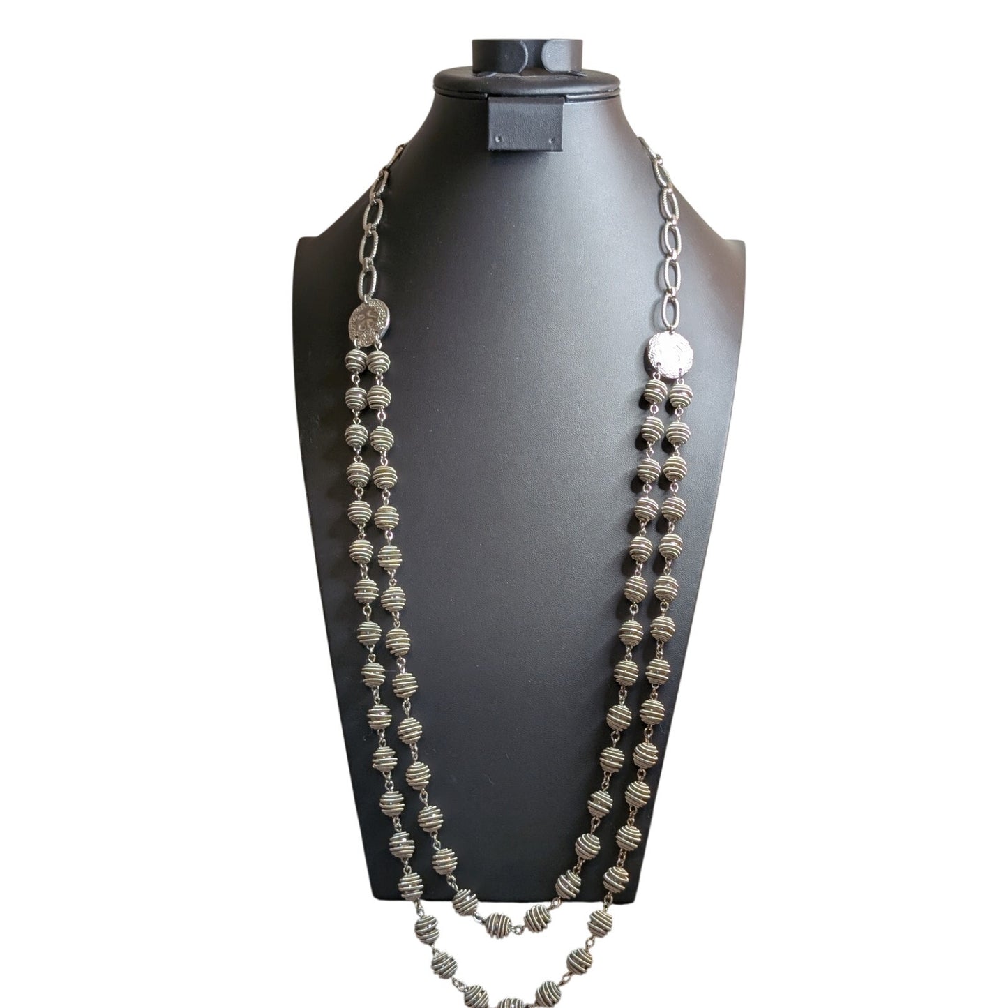Chico's Designer Signed Chunky Silver Tone Bead Ball 1 to 2 Strand Necklace