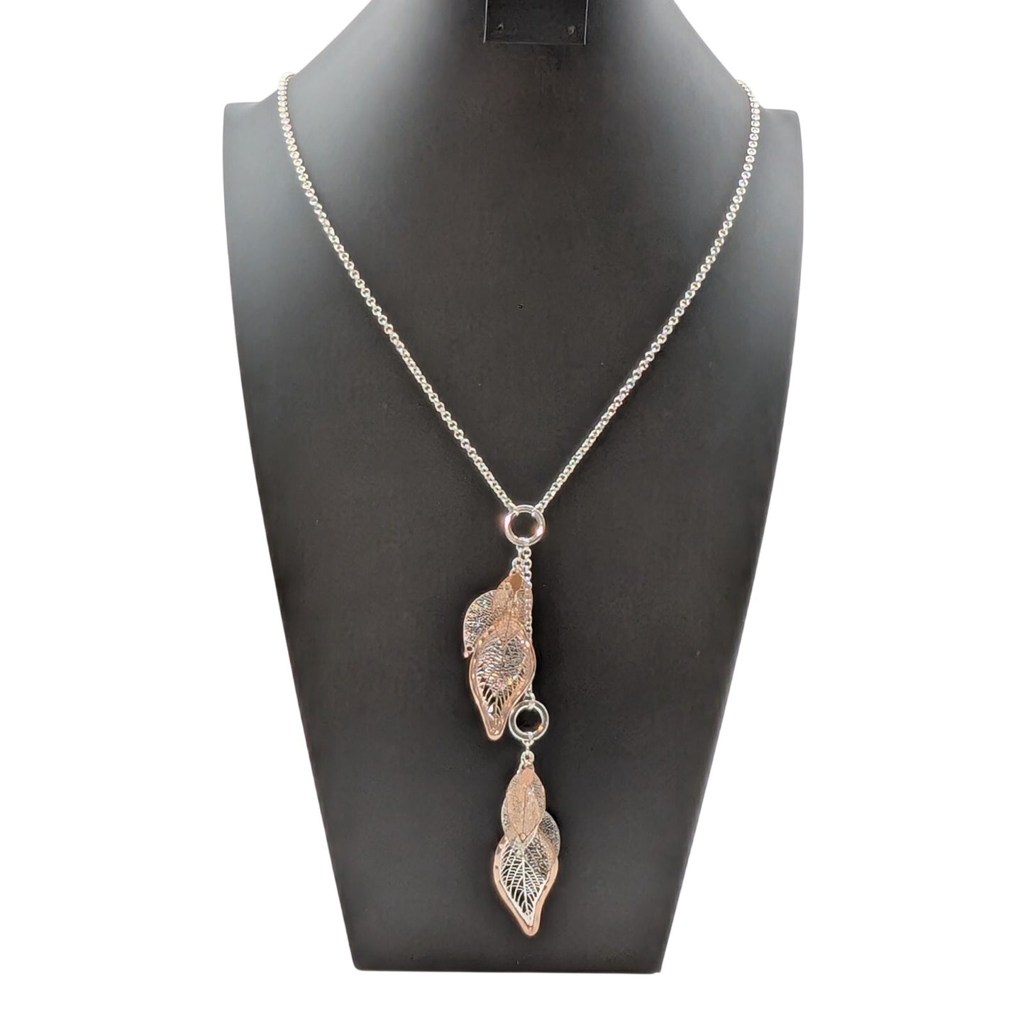 Silver & Rose Tone Dangle Veiny Leaf Dangles Long 30" Plus 6.25" Necklace