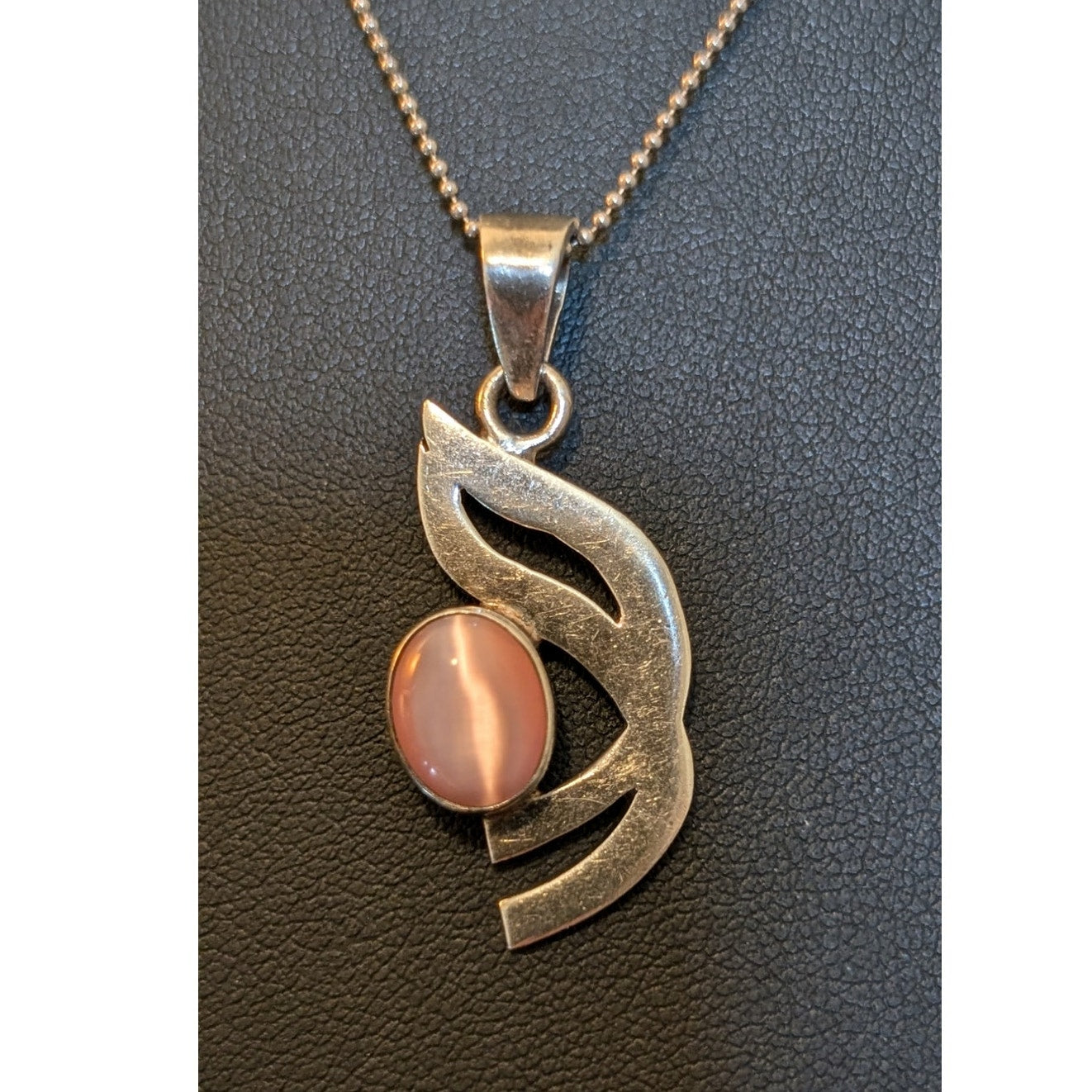 VTG Pink Cat Eye Moonstone 925 Sterling 18" Necklace & Pierced Earring Set