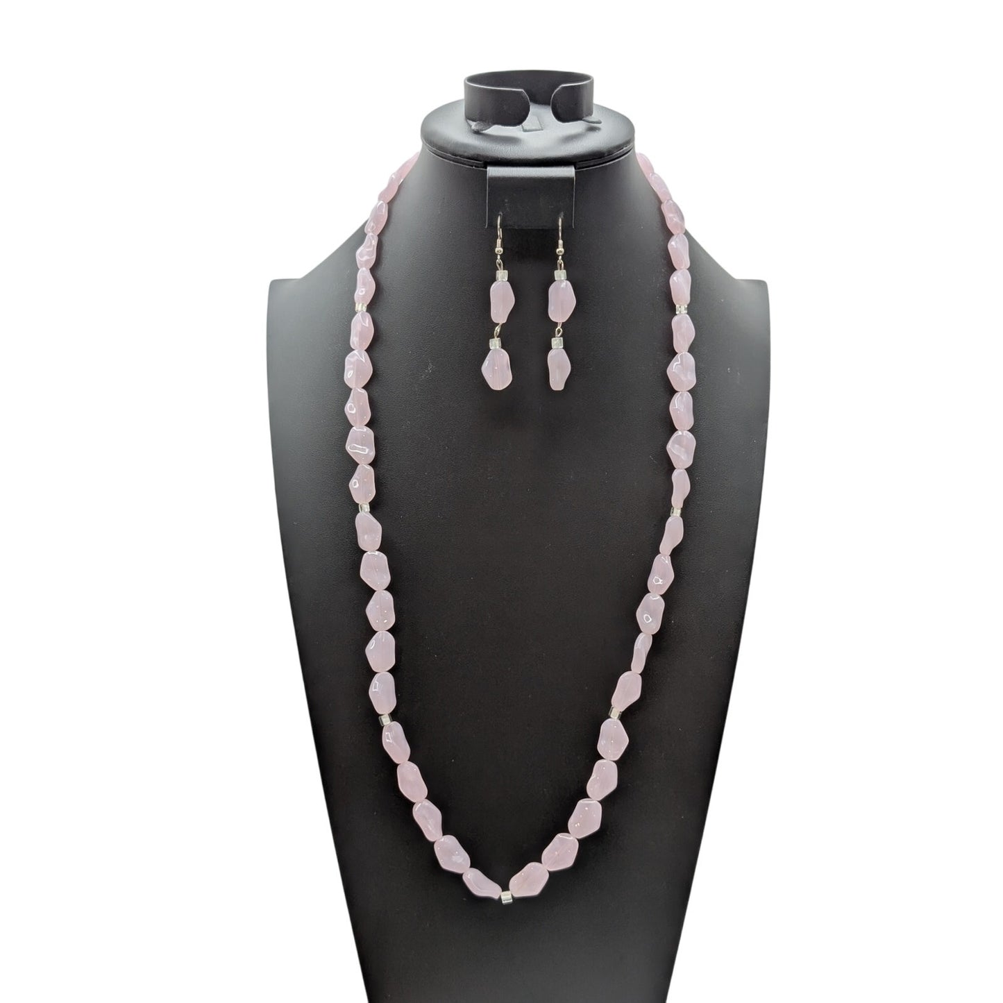 Petal Pink Glass & Square Crystal Bead 30" Necklace & 2.5" Dangle Earrings Set