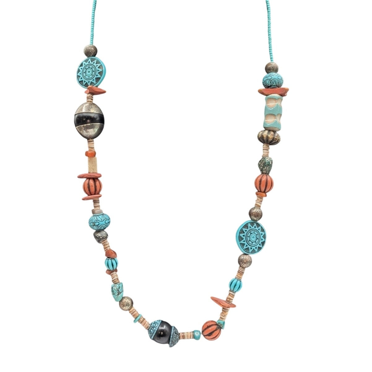 Vtg Southwestern Multi-Shape & Heishi Bead Turquoise Terra Cotta Color Necklace