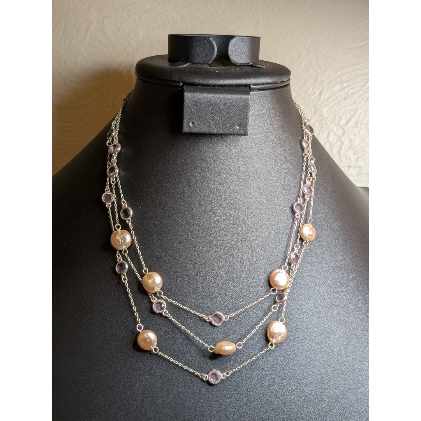 Silver Tone Pink Faux Pearl Pink Crystal Three Strand 16.5"-18.5" Necklace