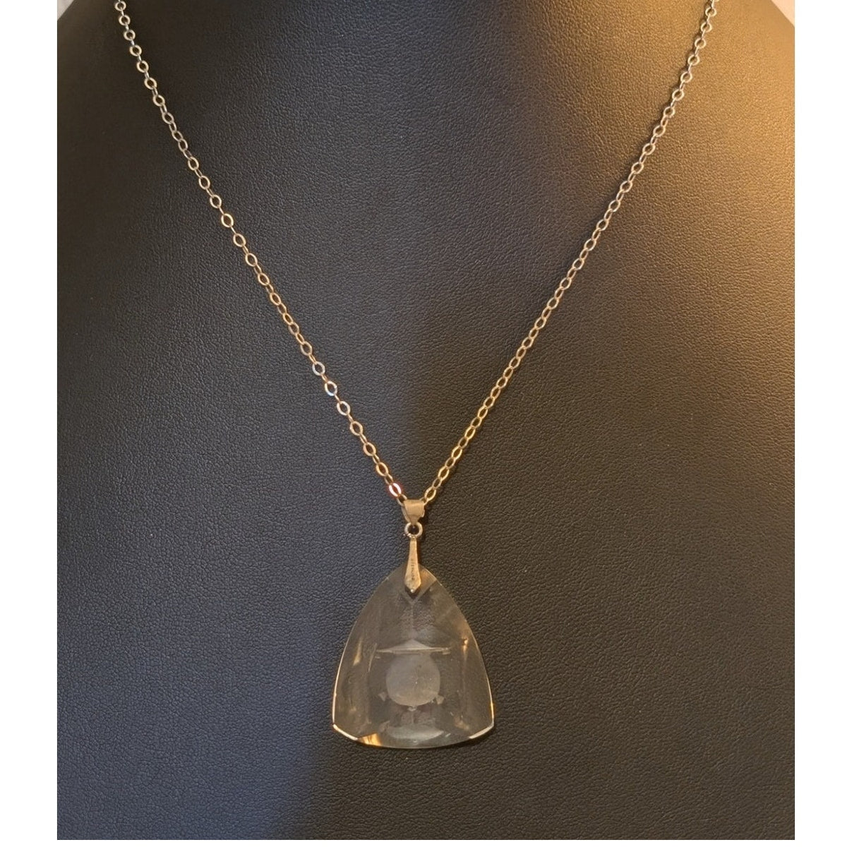 1930s Art Deco Reverse Carved Round Pagoda Rock Crystal Pendant 18" Necklace