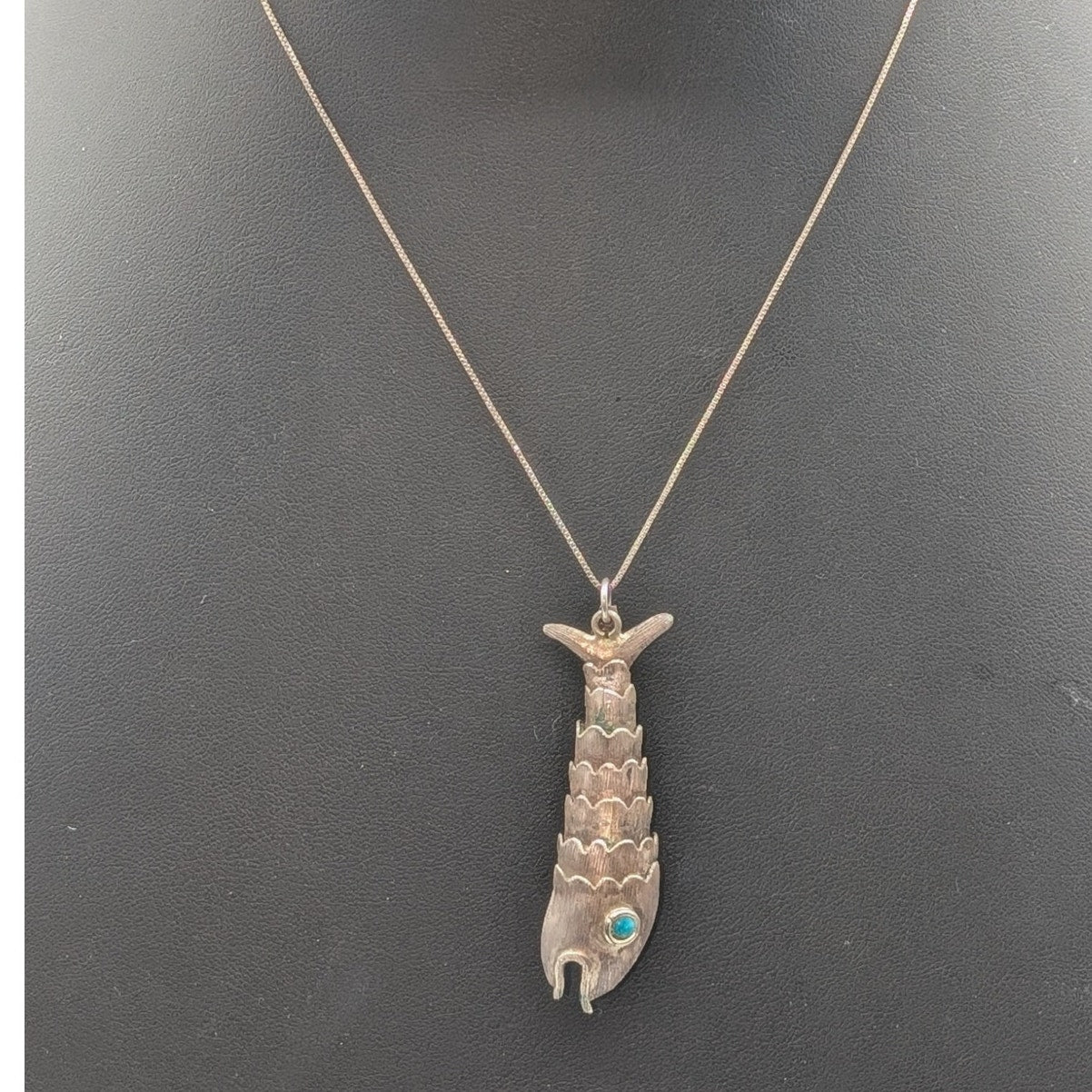 Taxco Mexico Sterling Turquoise Large Articulated Fish Pendant Chain Necklace