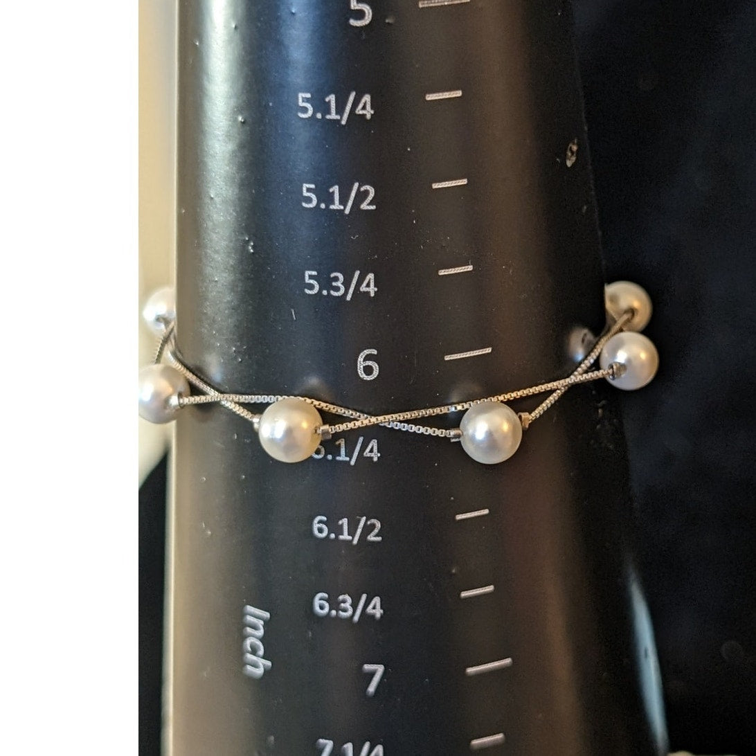 925 Sterling Silver Double Strand Floating Faux Pearl Bracelet