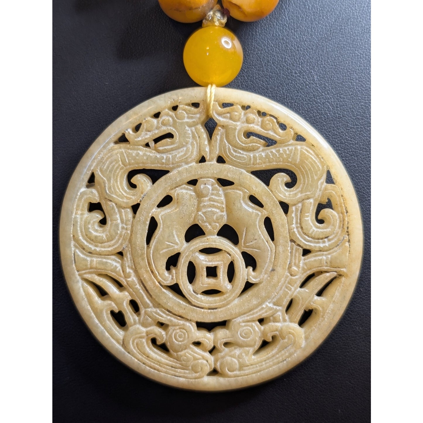 24" Asian Motif Silver Tone Carved Jade & 14mm Peach Aventurine Necklace 177.1g