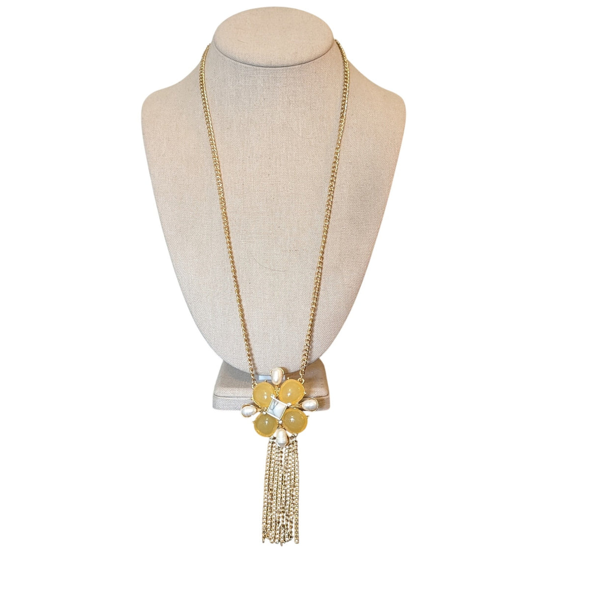 Yellow Gumdrop Pearl Gold Tone Tassel Statement Necklace