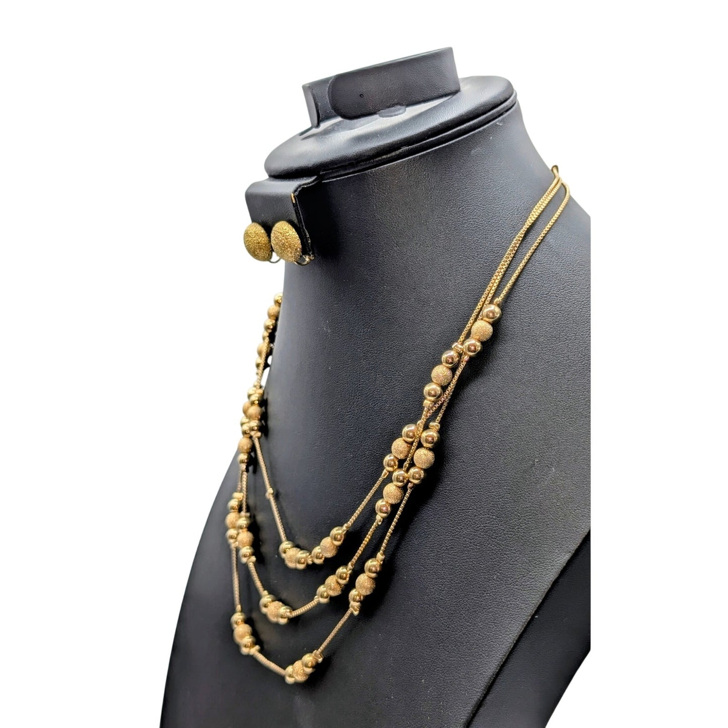 Vtg Etienne Aigner Three Strand Brushed Gold Tone Ball Necklace Earring Set