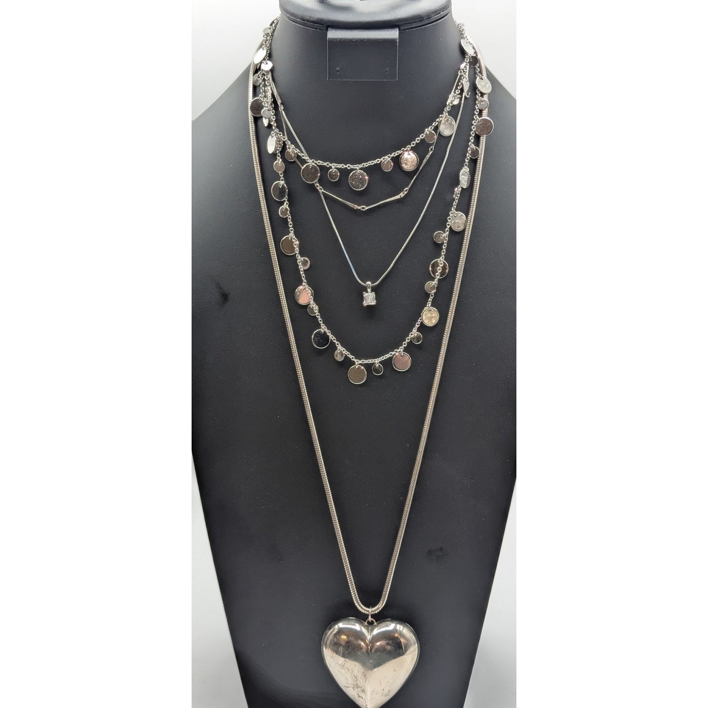 Lot of 4 Silver Tone Necklaces-Heart Pendant Disk Dangles Solitaire & Bar Chain