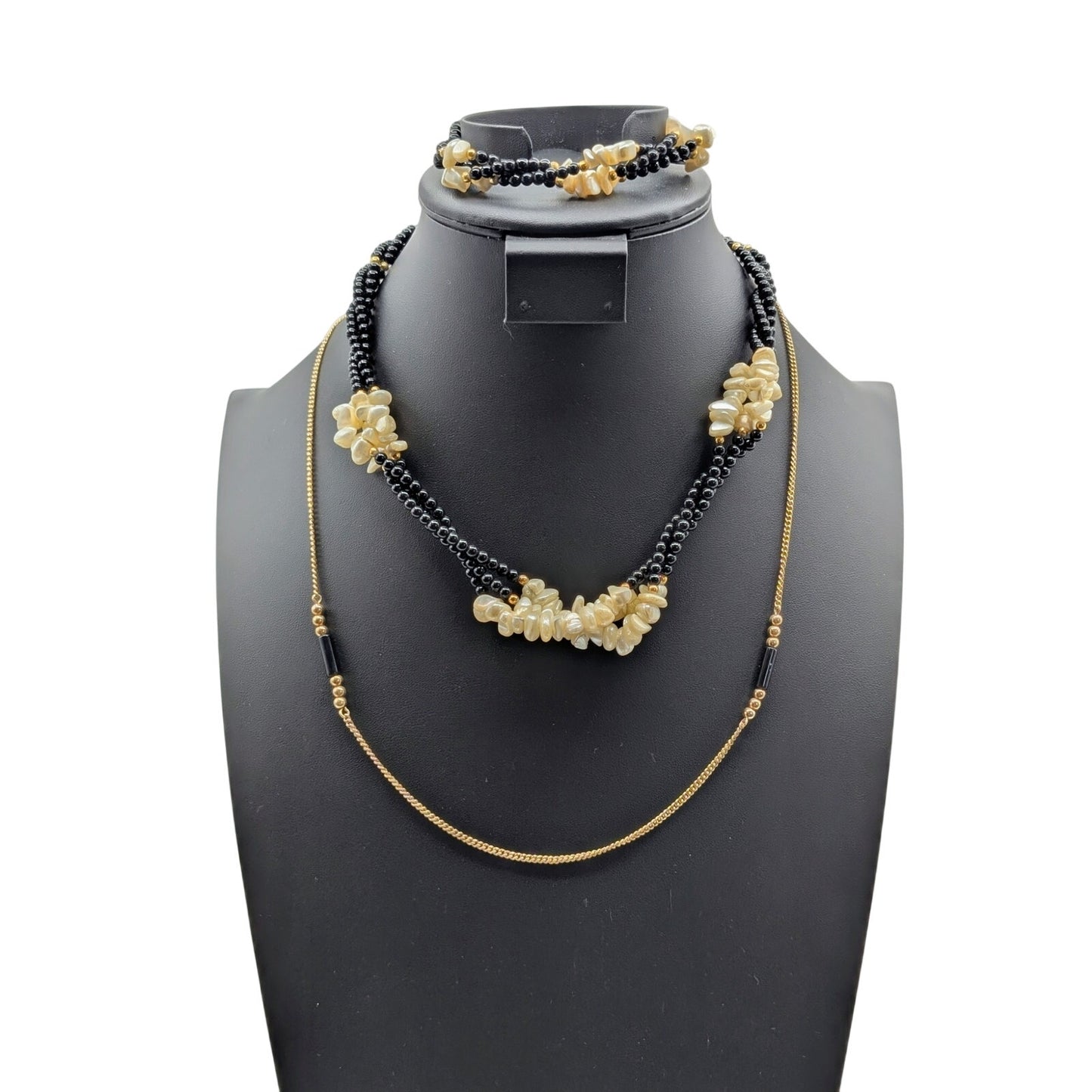 3 Piece Lot--Two Vintage Black Bead Gold Tone Necklaces & One Matching Bracelet