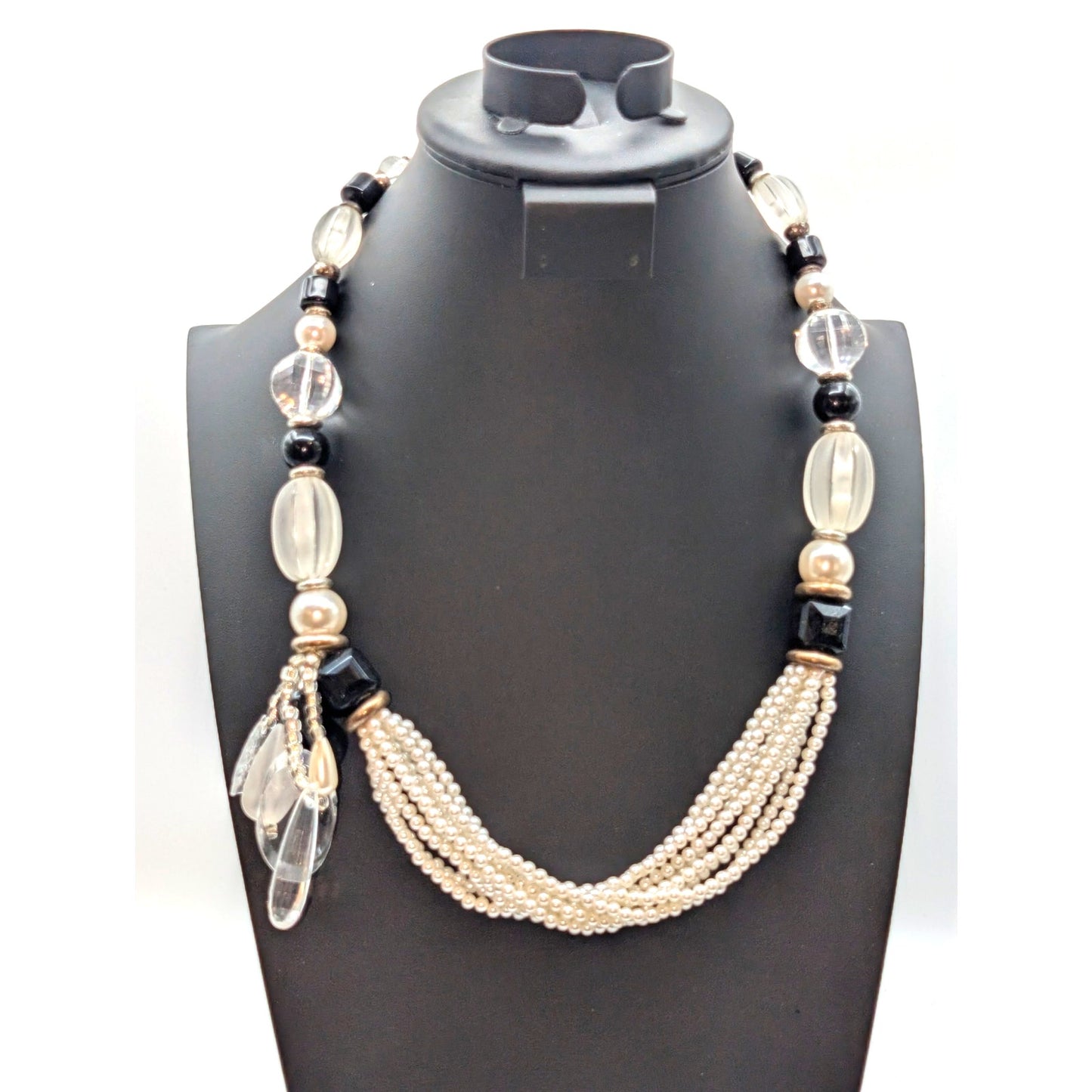 Vintage Black Clear Faux Pearl Multi Strand Side Tassel Hook Clasp 26" Necklace