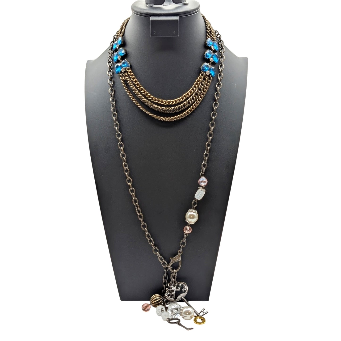 Lot of Two Plunder Necklaces Bronze Metal Blue Rhinestone Charm Tassel Chain