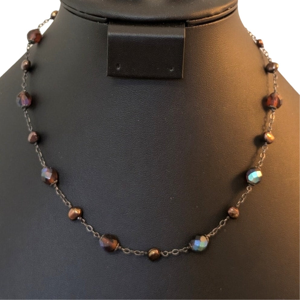 Vintage 925 Sterling Red/Brown AB Crystal Copper Pearl Bead 16"-18" Choker