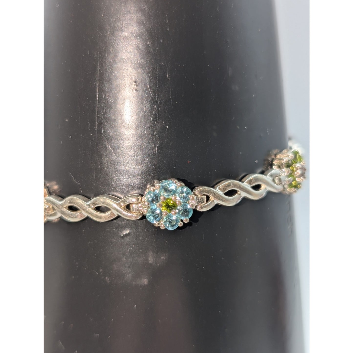 925 Sterling Multi-Color Crystal Flower Cross Over Chain Link Tennis Bracelet