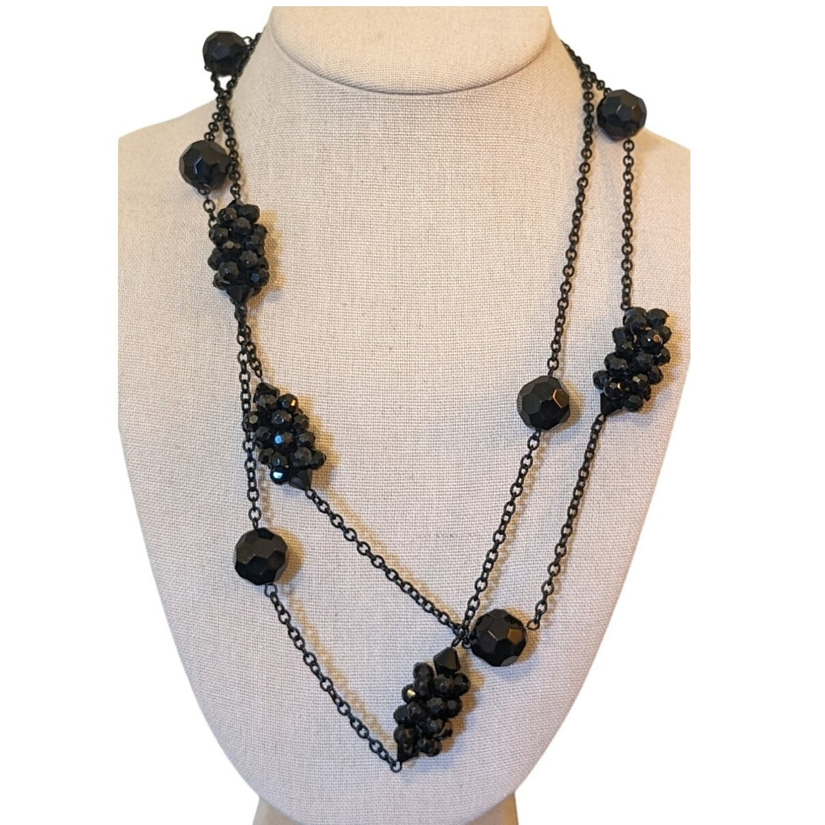 Black Glass Crystal Cluster Bead Black Metal Long Chain 46" Necklace
