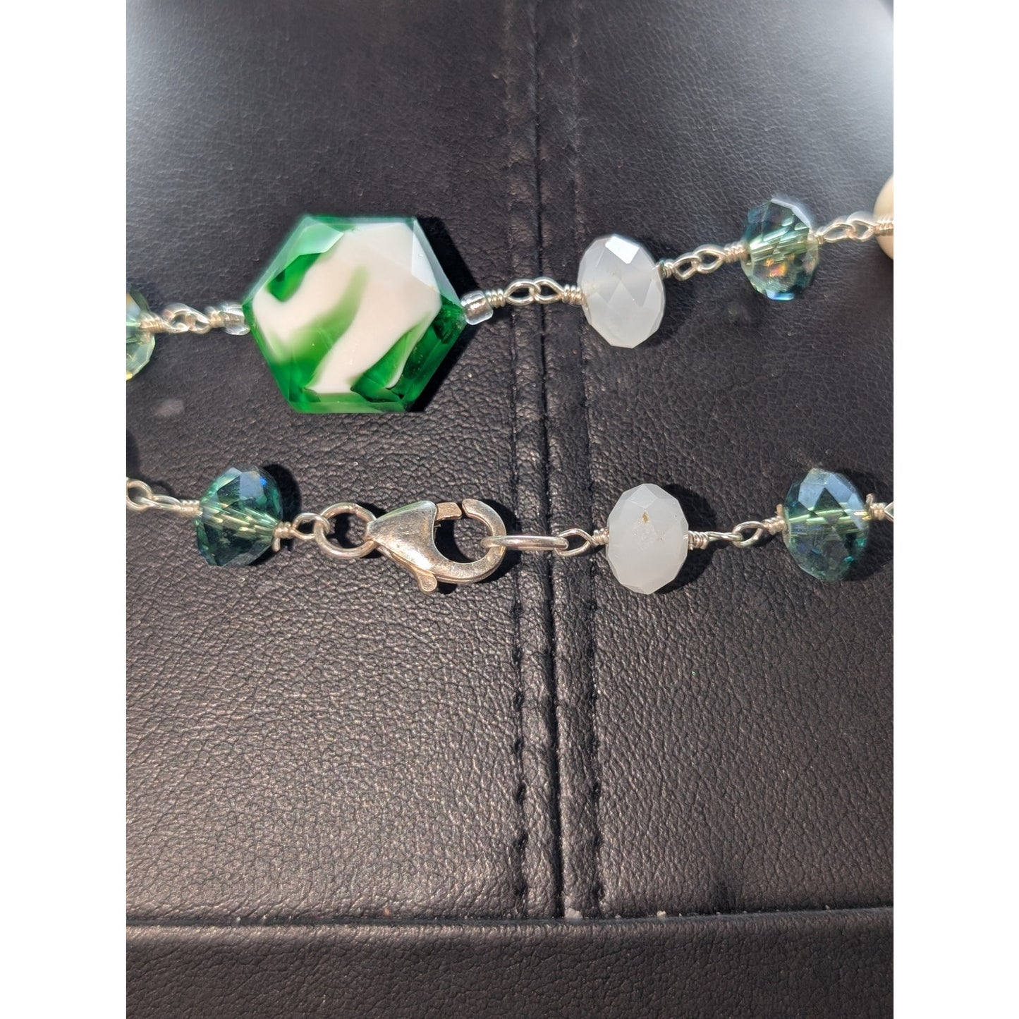 925 Sterling Silver Green White Swirl Glass Genuine Pearl Crystal 34" Necklace
